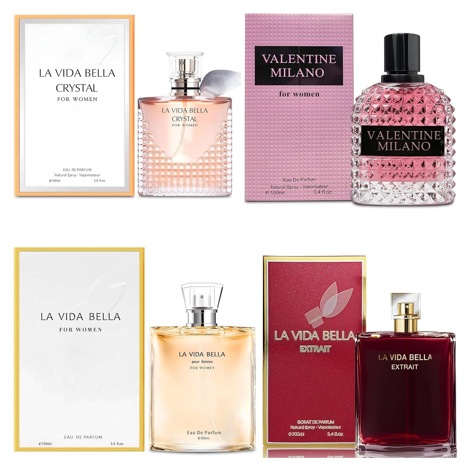 4PCS Perfume Set for Women - Floral Fragrance Gift Set with Vanilla,Sweet Fruity Eau De Parfume| 3.4 Fl Oz Each(La Vida Bella,La Vida Bella Crystal,La Vida Bella Ext,Valentine Milano)