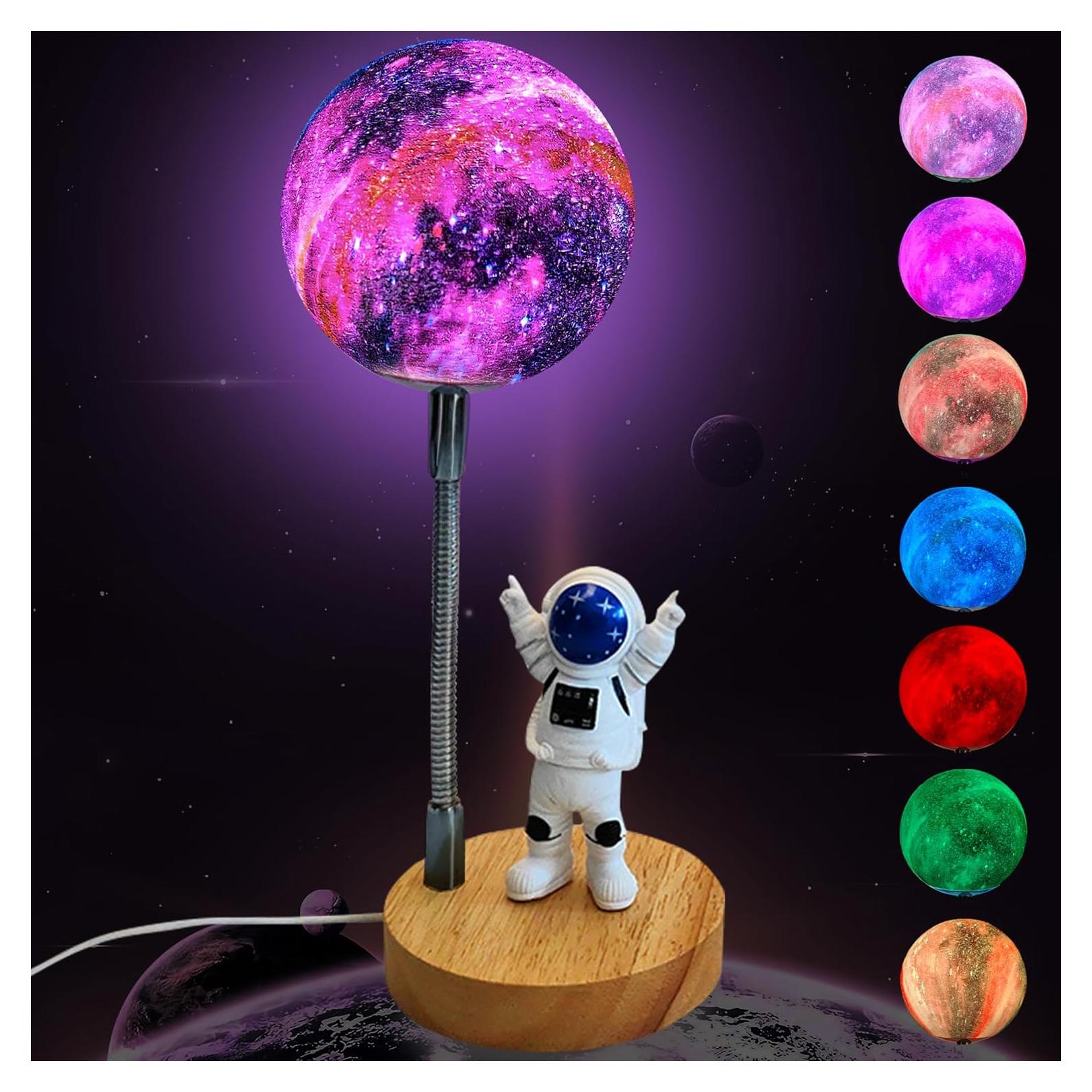 WLHONG Moon Lamp for Kids,Space Buddy Lights with 7 Color Astronaut Night Light,USB Powered and Button Control 3D Moon Table Lamp,Perfect for Bedroom,Nursery and Space-Themed Parties (Galaxy)