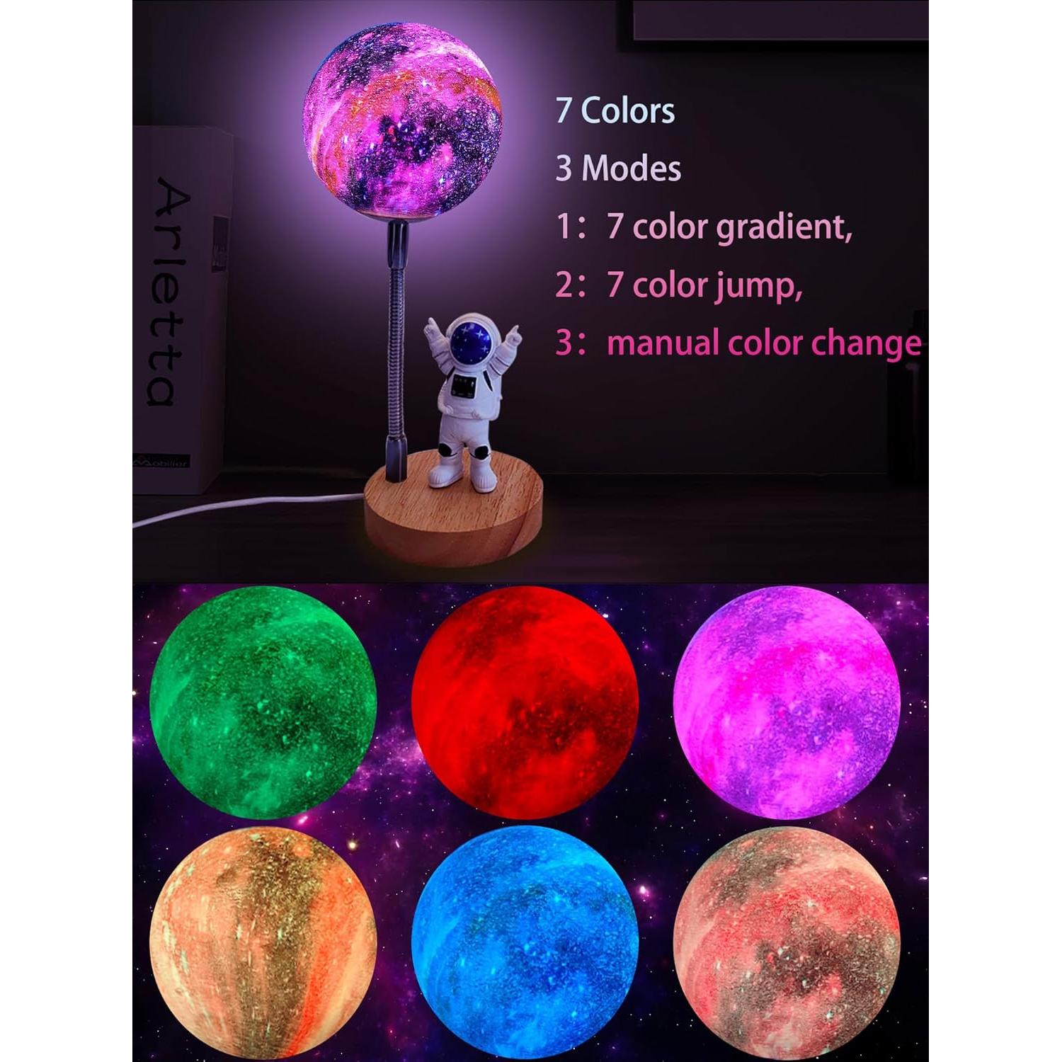WLHONG Moon Lamp for Kids,Space Buddy Lights with 7 Color Astronaut Night Light,USB Powered and Button Control 3D Moon Table Lamp,Perfect for Bedroom,Nursery and Space-Themed Parties (Galaxy)
