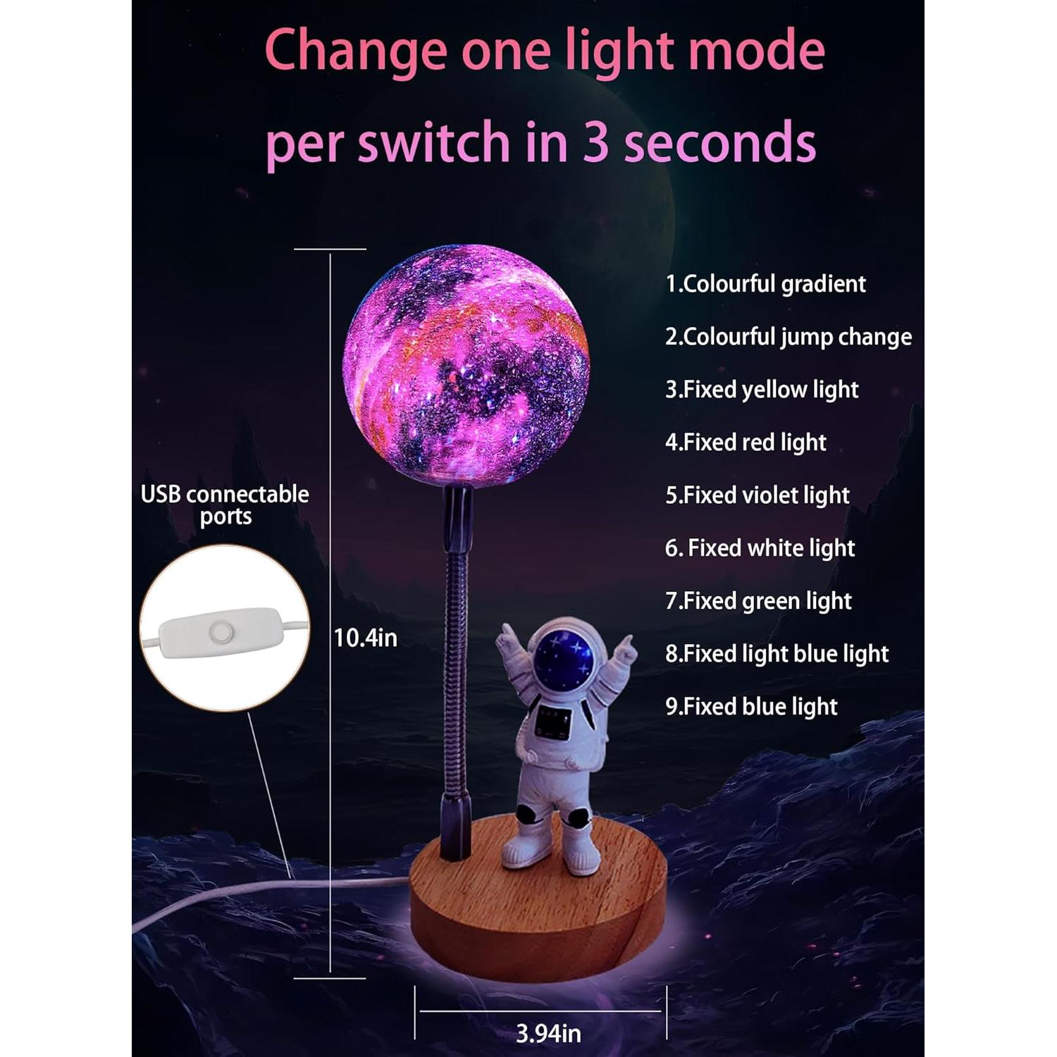 WLHONG Moon Lamp for Kids,Space Buddy Lights with 7 Color Astronaut Night Light,USB Powered and Button Control 3D Moon Table Lamp,Perfect for Bedroom,Nursery and Space-Themed Parties (Galaxy)