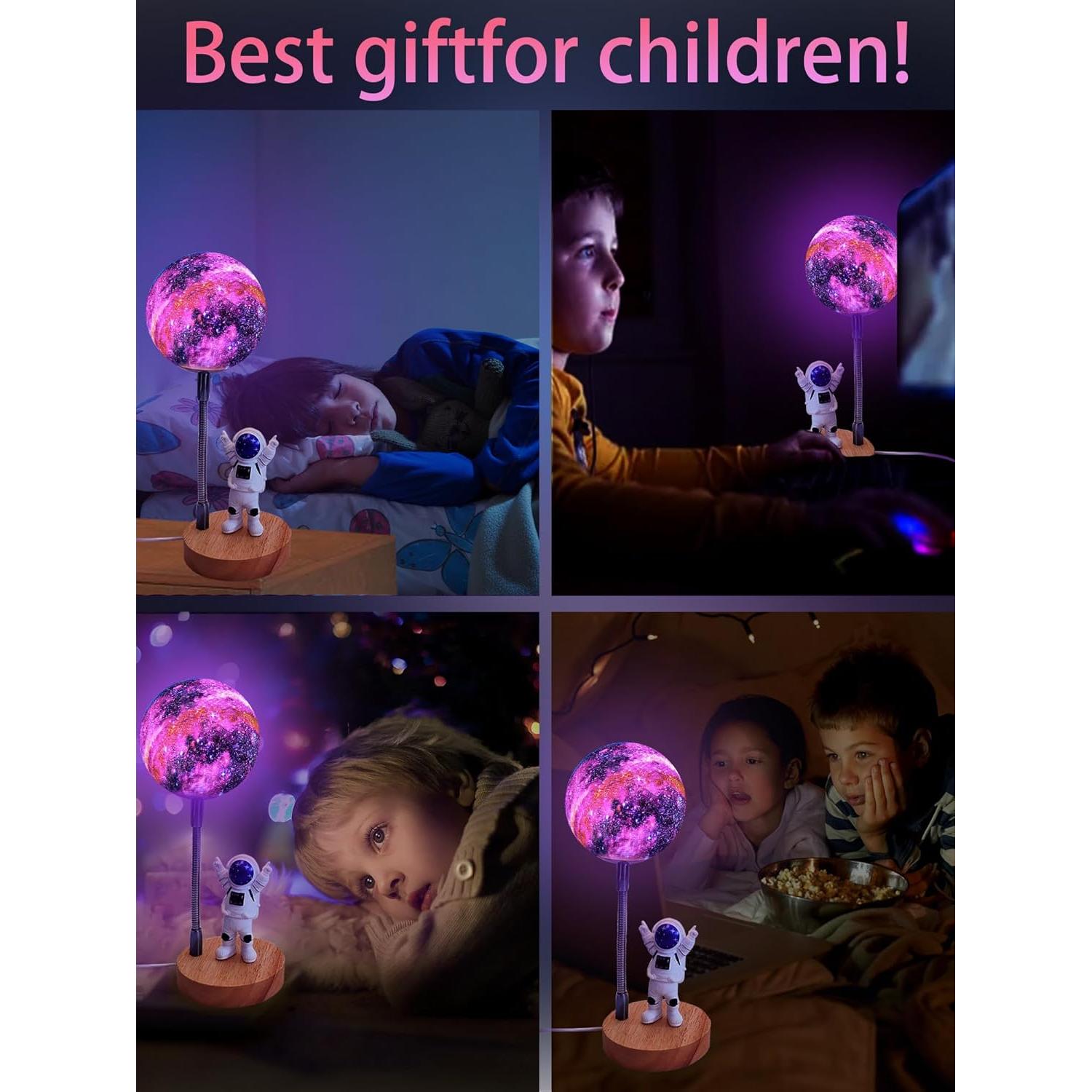 WLHONG Moon Lamp for Kids,Space Buddy Lights with 7 Color Astronaut Night Light,USB Powered and Button Control 3D Moon Table Lamp,Perfect for Bedroom,Nursery and Space-Themed Parties (Galaxy)