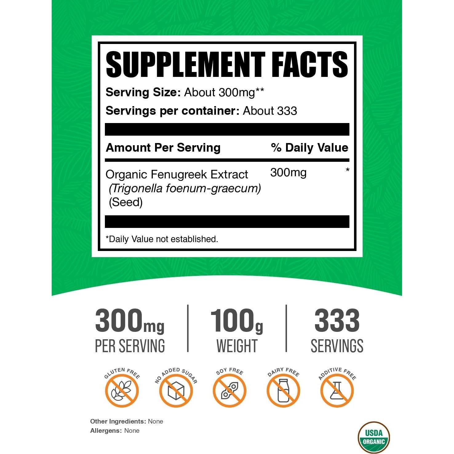Extracto de Fenogreco Orgánico en Polvo BulkSupplements 100g