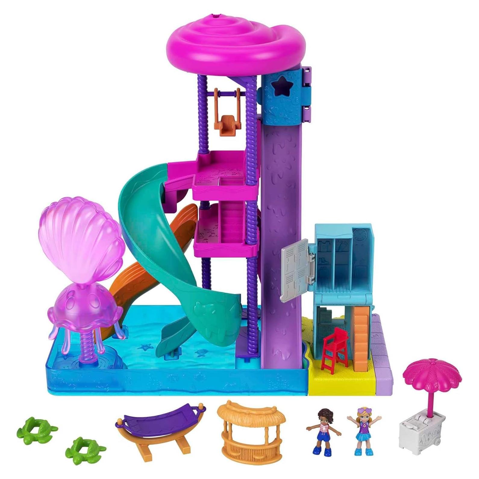 Outdoor Toy with 2 Micro Dolls & Water Play Accessories, Pollyville Super Slidin Water Park Playset