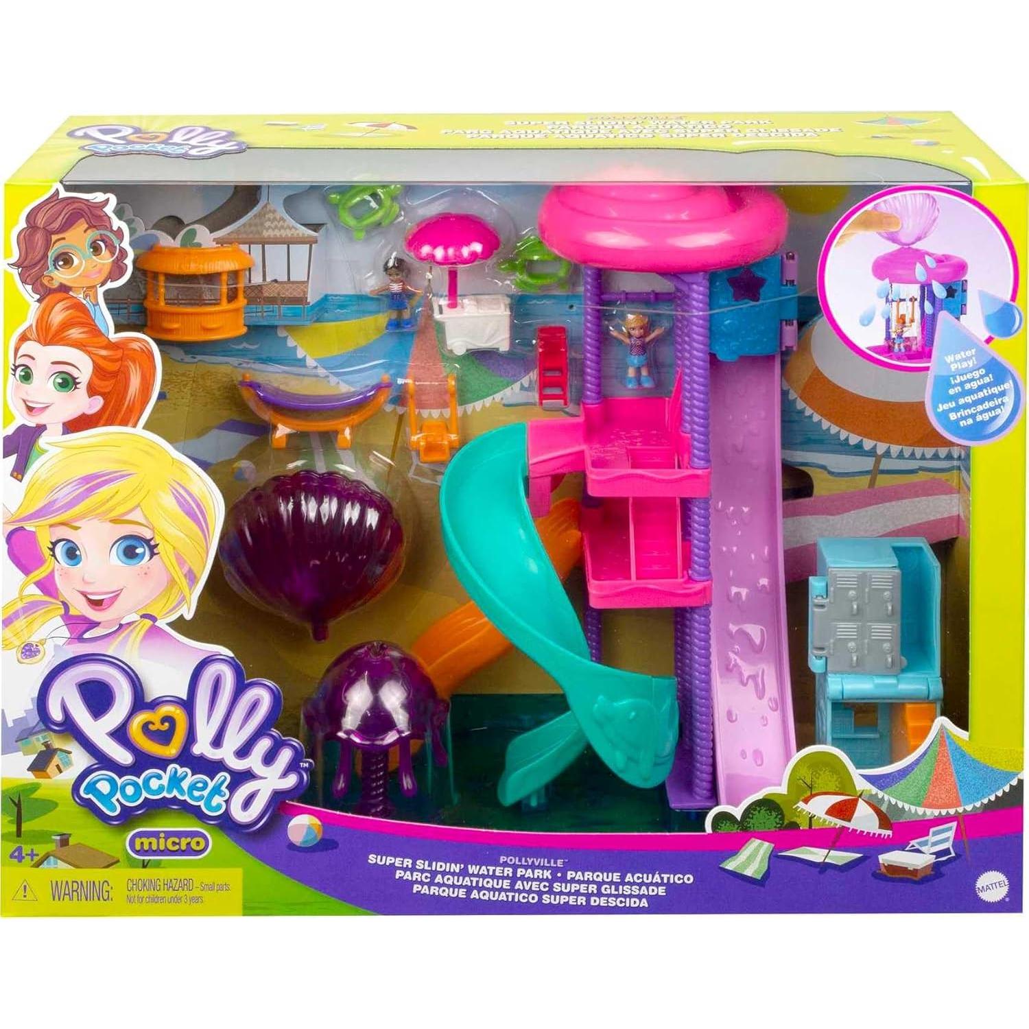 Outdoor Toy with 2 Micro Dolls & Water Play Accessories, Pollyville Super Slidin Water Park Playset
