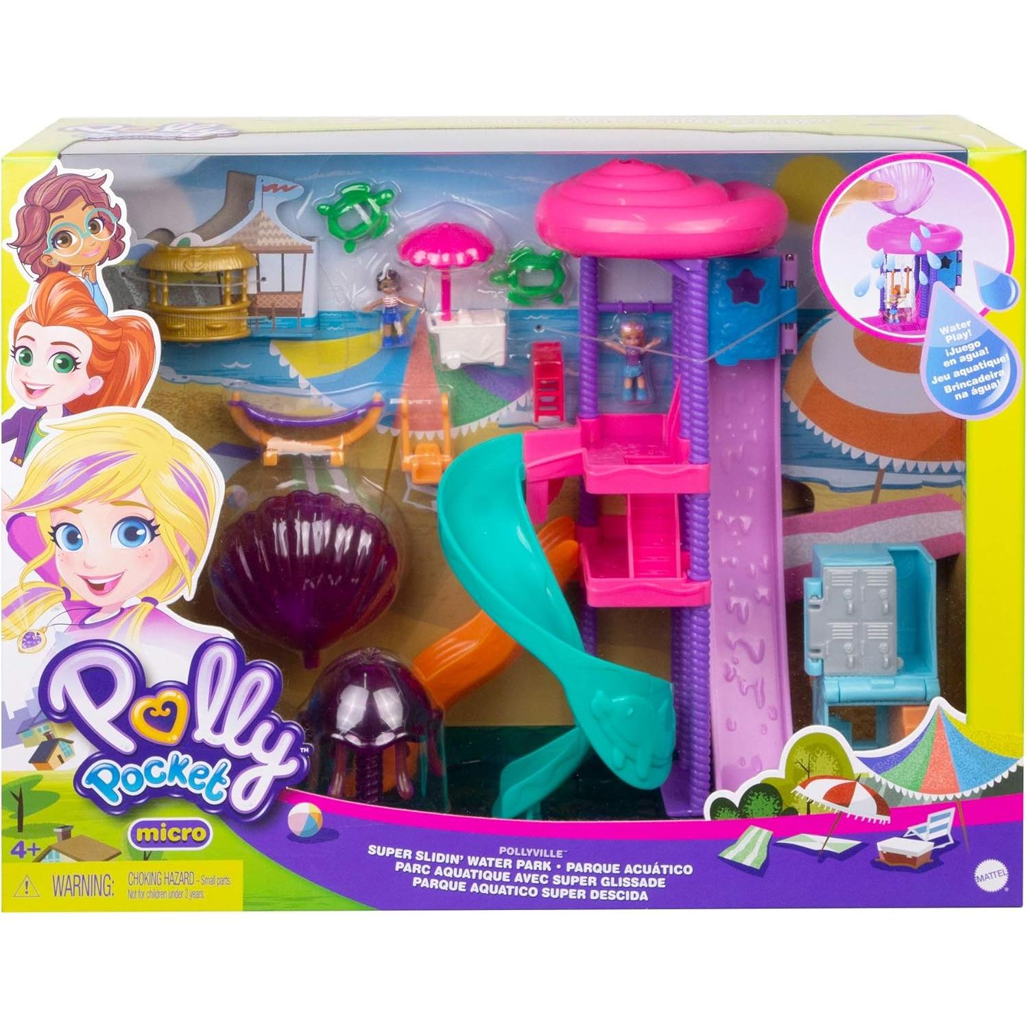Outdoor Toy with 2 Micro Dolls & Water Play Accessories, Pollyville Super Slidin Water Park Playset