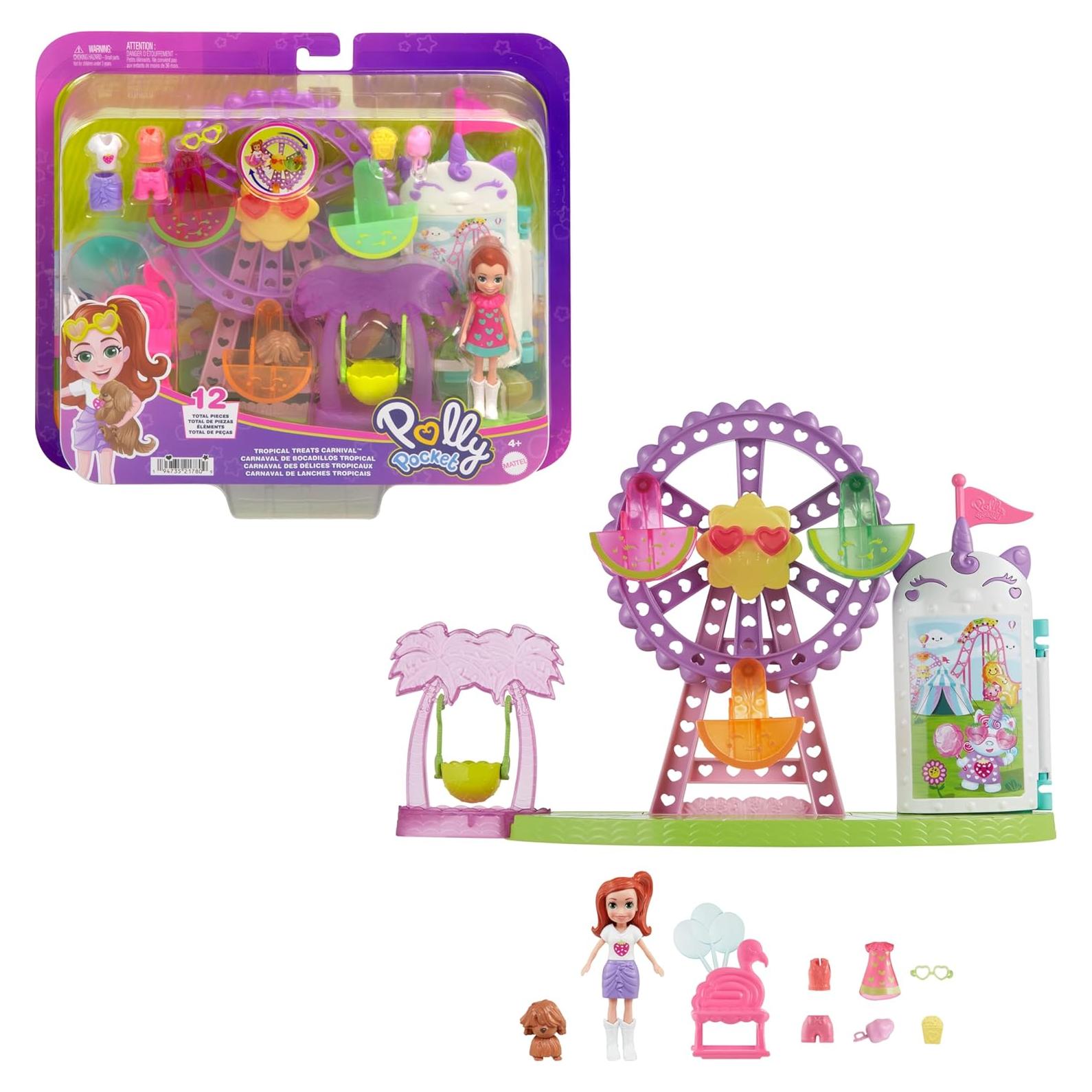 Doll & Playset, Tropical Treats Carnival Food-Themed Toy Includes 3-inch Doll, 1 Puppy, 10 Accessories & Spinning Ferris Wheel