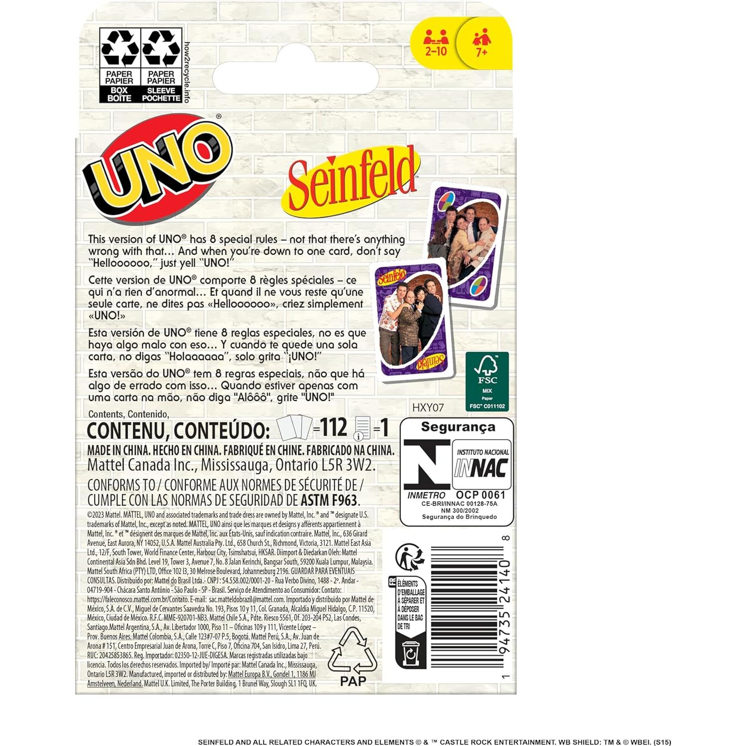 Juego de Cartas UNO Seinfeld Mattel para 2 a 10 Jugadores