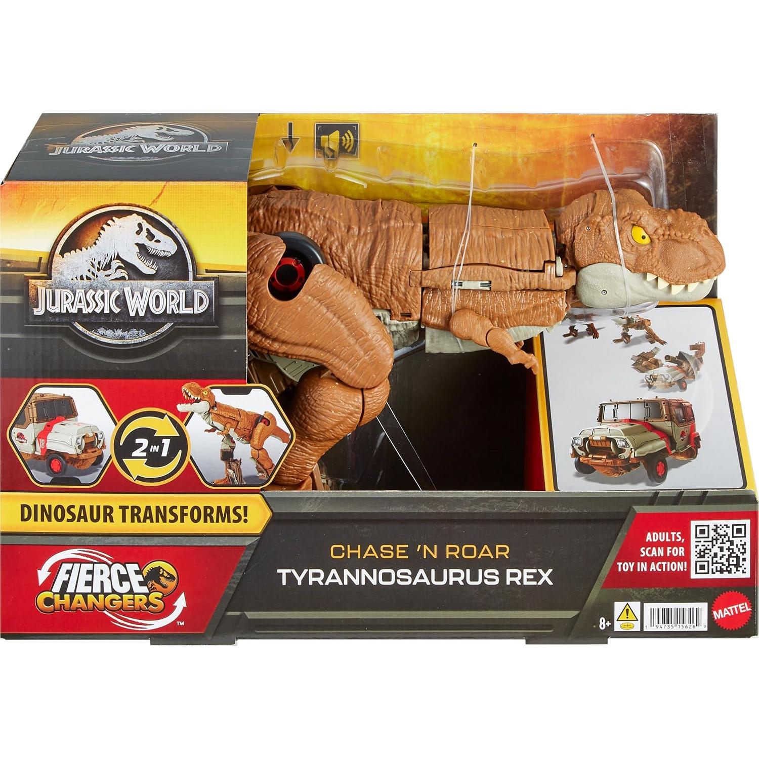 Mattel Jurassic World Fierce Changers 2-in-1 Dinosaur Figure, Chase 'n Roar Toy Transforms from T Rex Dinosaur to Truck in 28 Steps