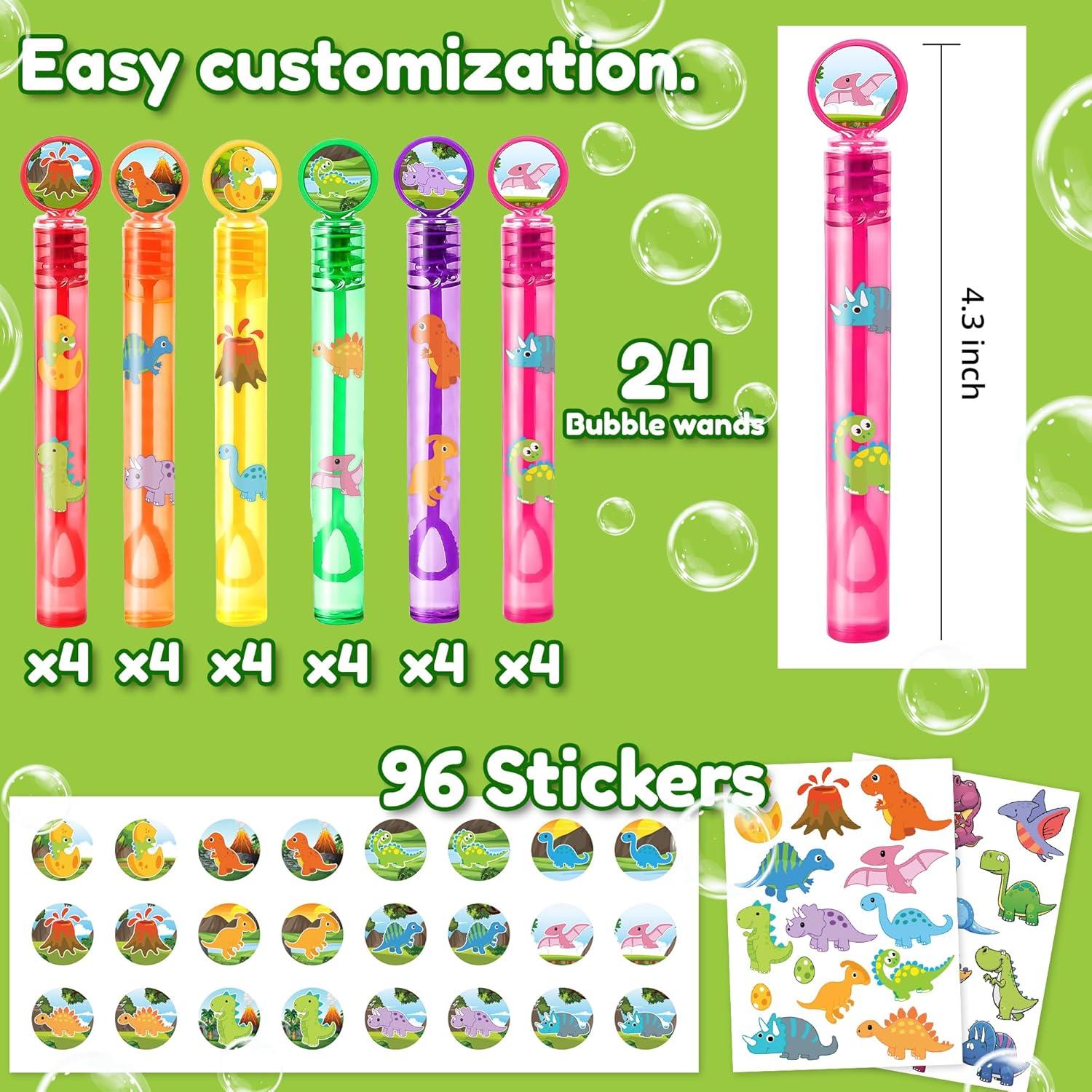 24 Varitas de Burbuja Dinosaurio + 96 Stickers Fiesta Infantil