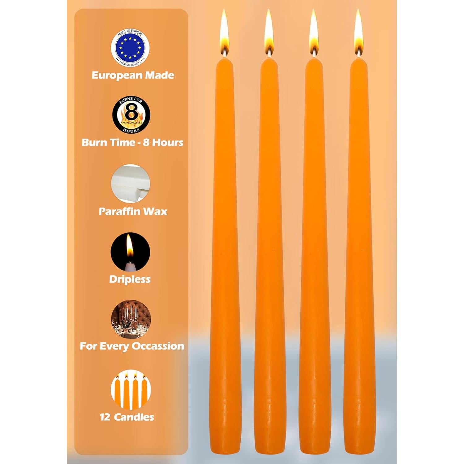 Velas Taper Antigoteo Hyoola Naranjas 25cm 12 Unidades