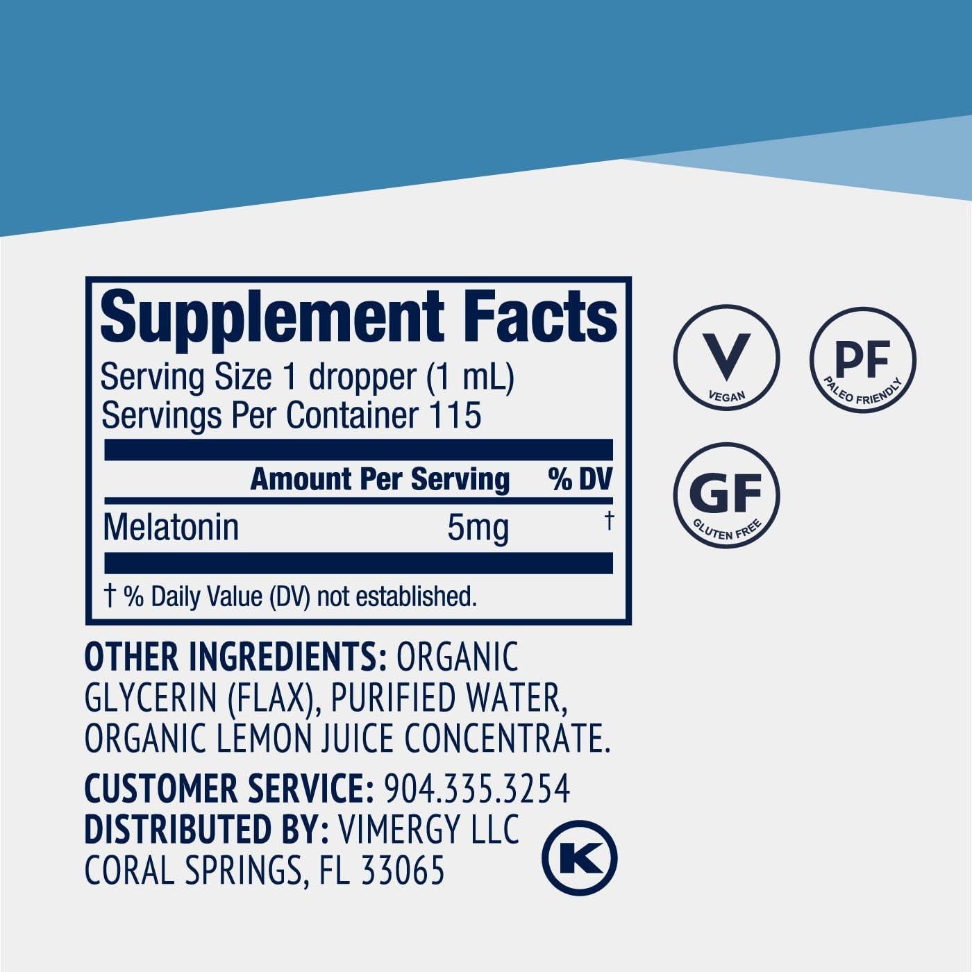 Vimergy Melatonina Líquida 5 mg - Suplemento Natural para Dormir 115 mL