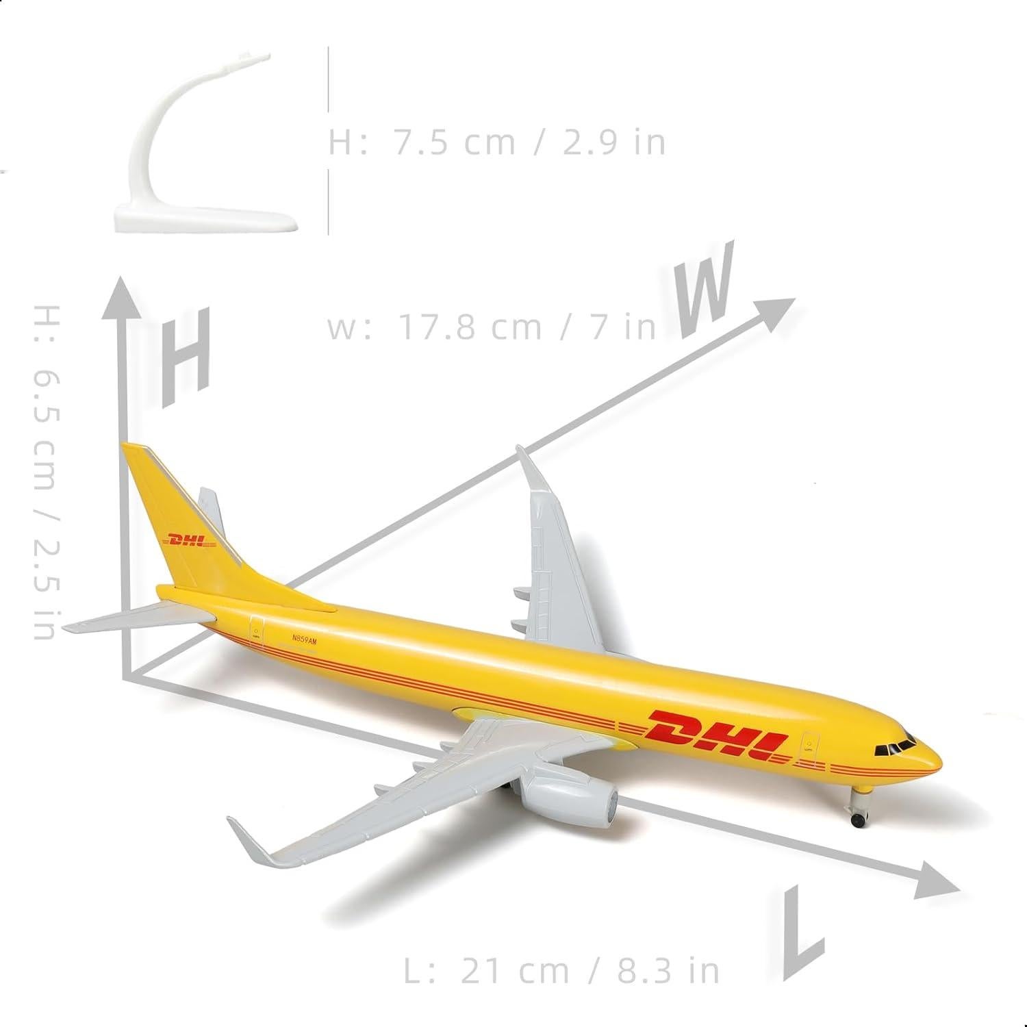 Modelo de avión DHL B737 1:300 con soporte 21 cm