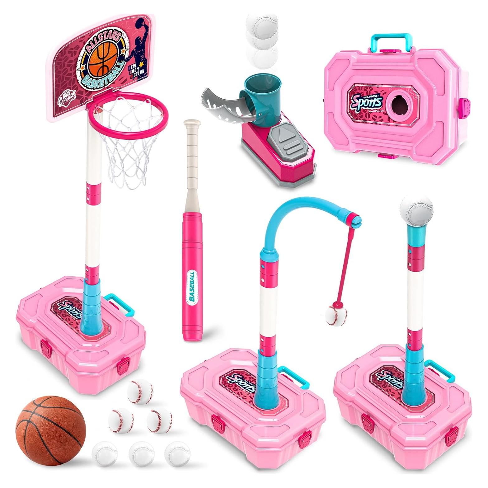 Set 4 en 1 Baloncesto y T-Ball ToyUnited Rosa Ajustable