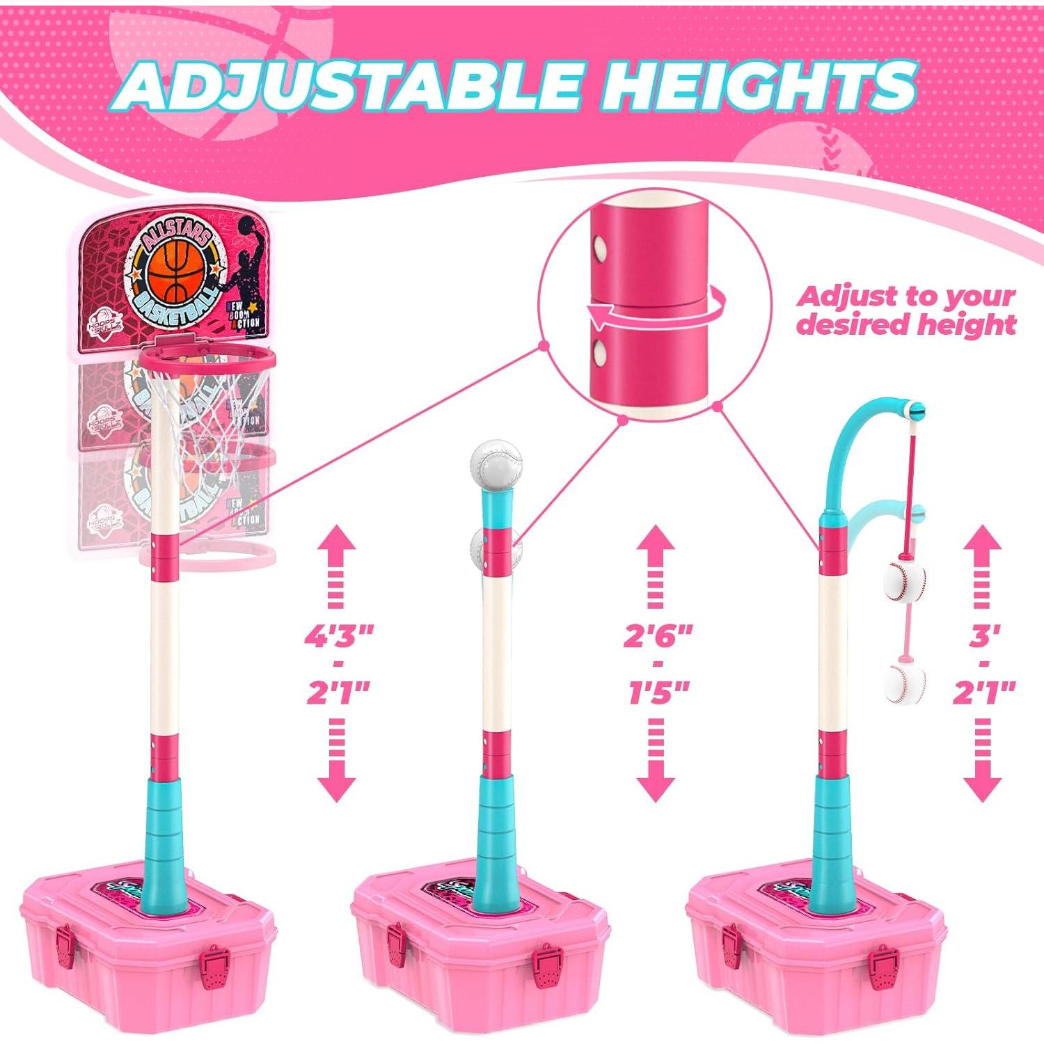 Set 4 en 1 Baloncesto y T-Ball ToyUnited Rosa Ajustable