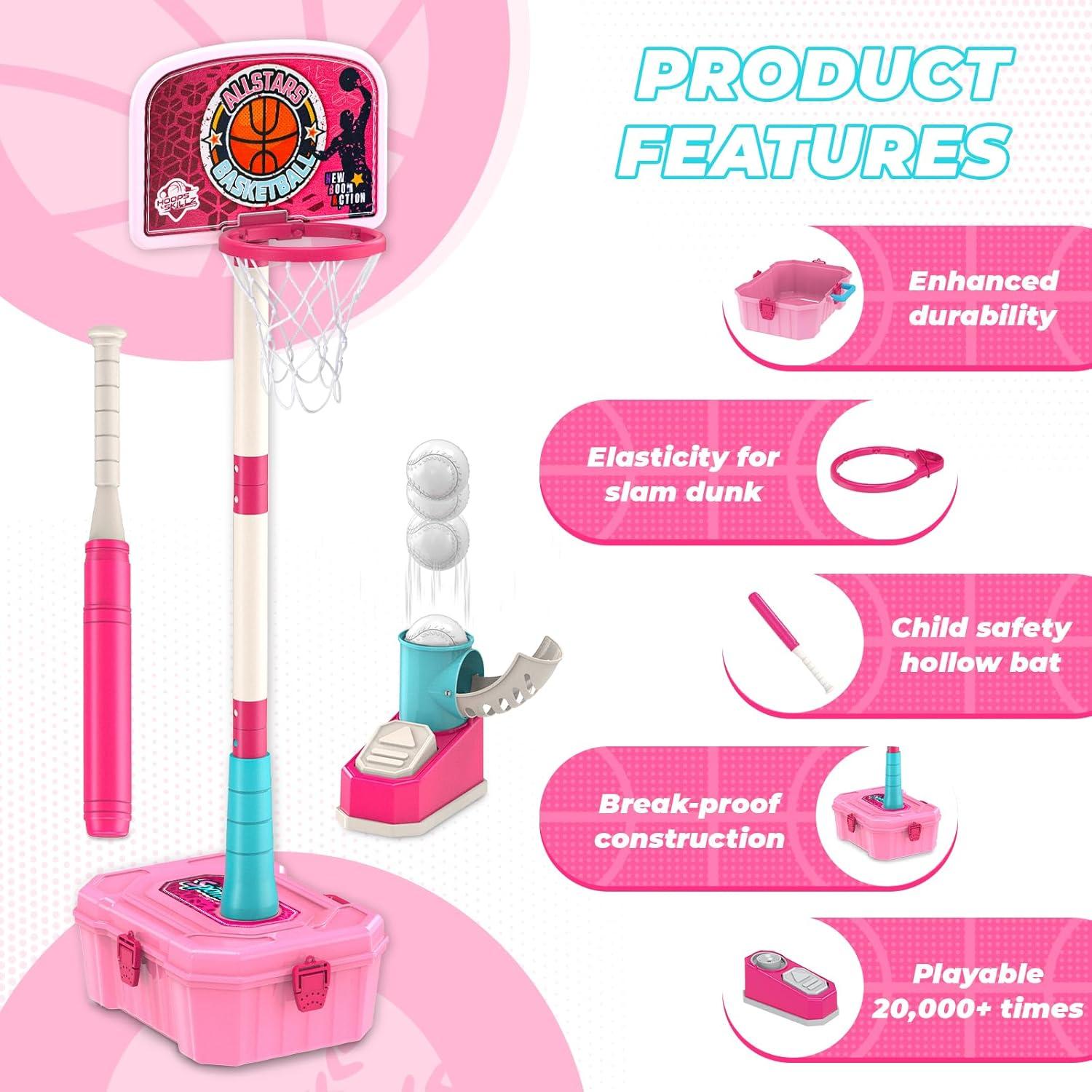 Set 4 en 1 Baloncesto y T-Ball ToyUnited Rosa Ajustable