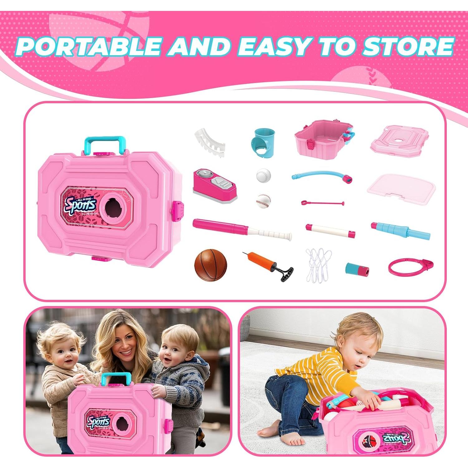 Set 4 en 1 Baloncesto y T-Ball ToyUnited Rosa Ajustable