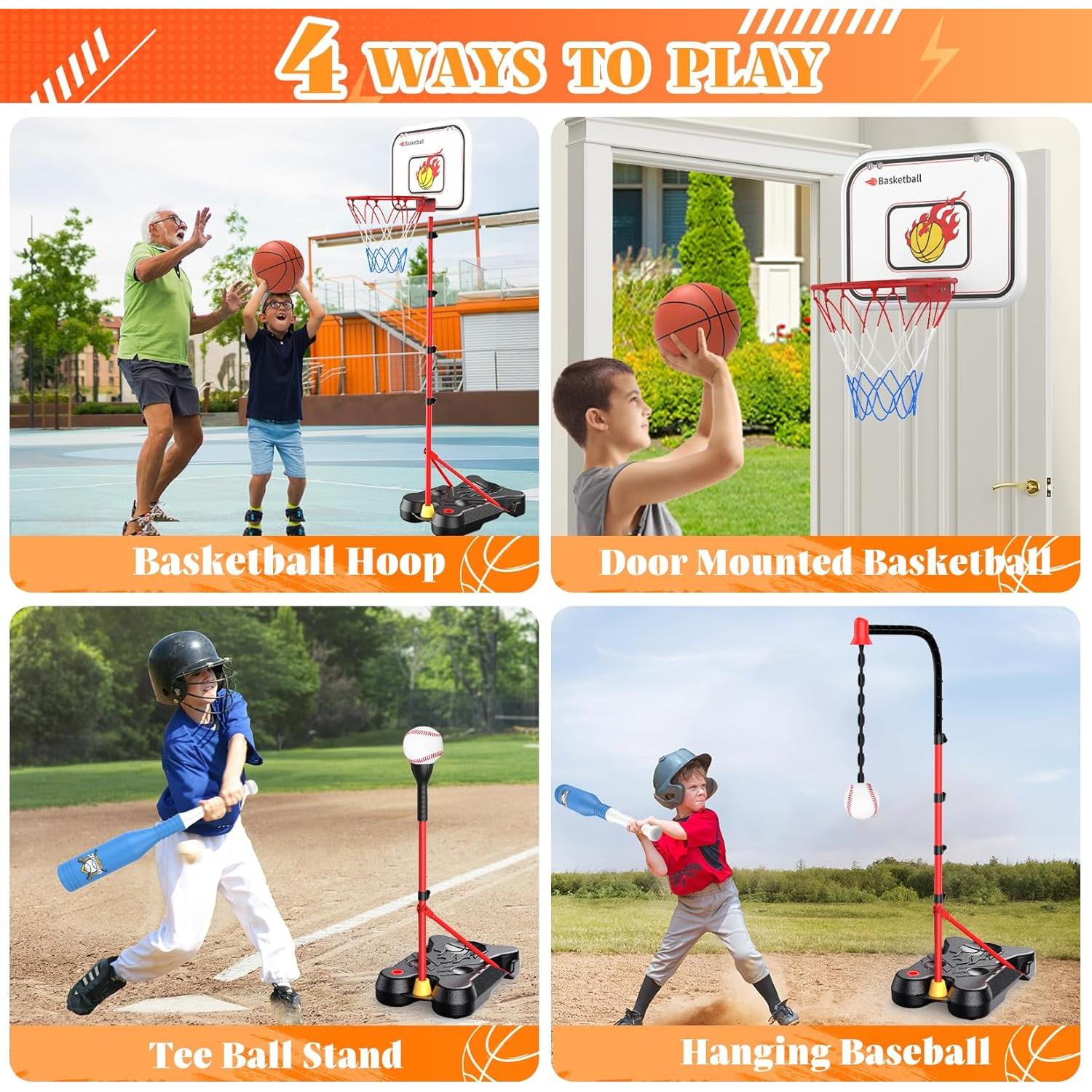 Set Baloncesto y T Ball Toycost 4 en 1 Ajustable Niños 3-8 Años