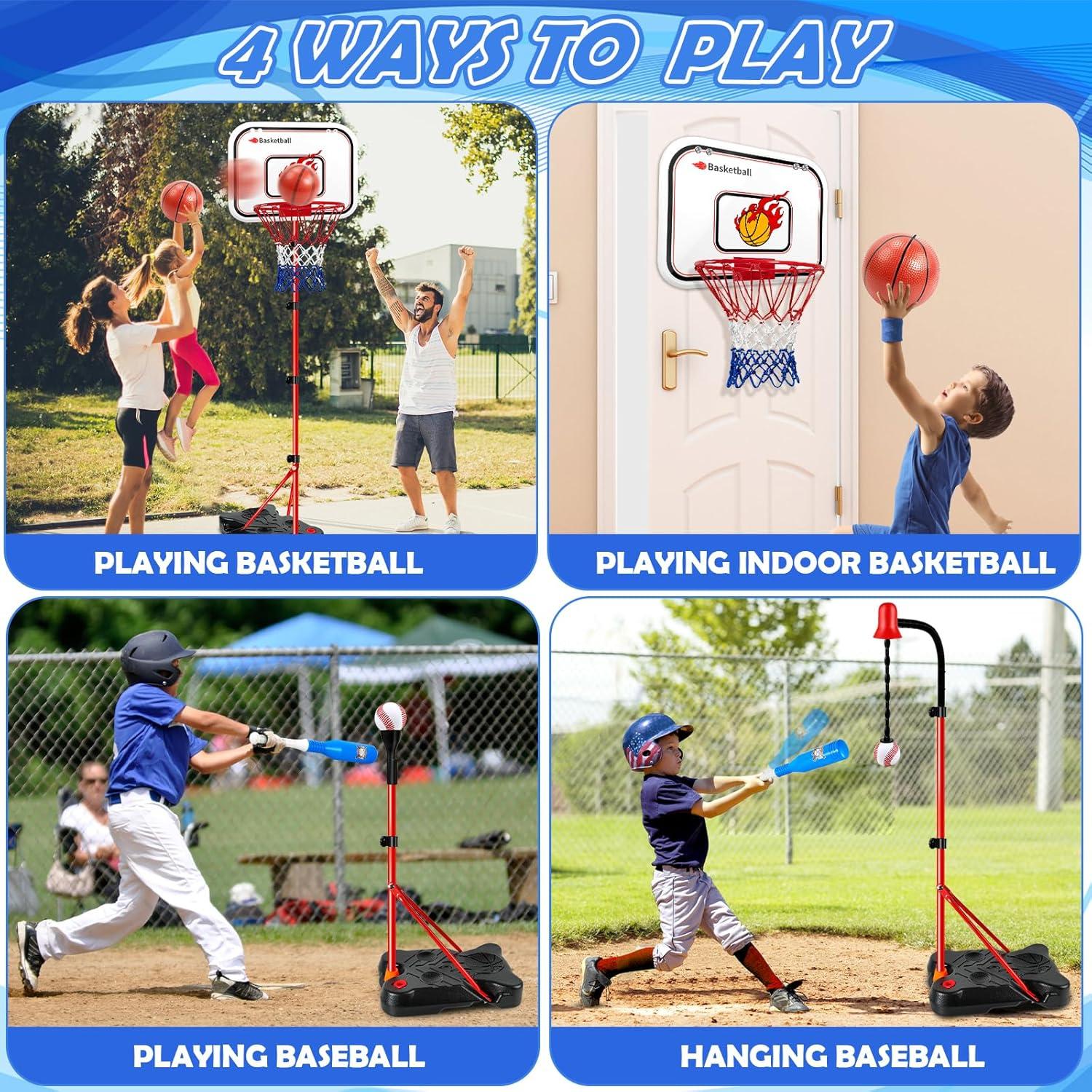 Set de Baloncesto y T-Ball Mukum 4 en 1 Ajustable para Niños