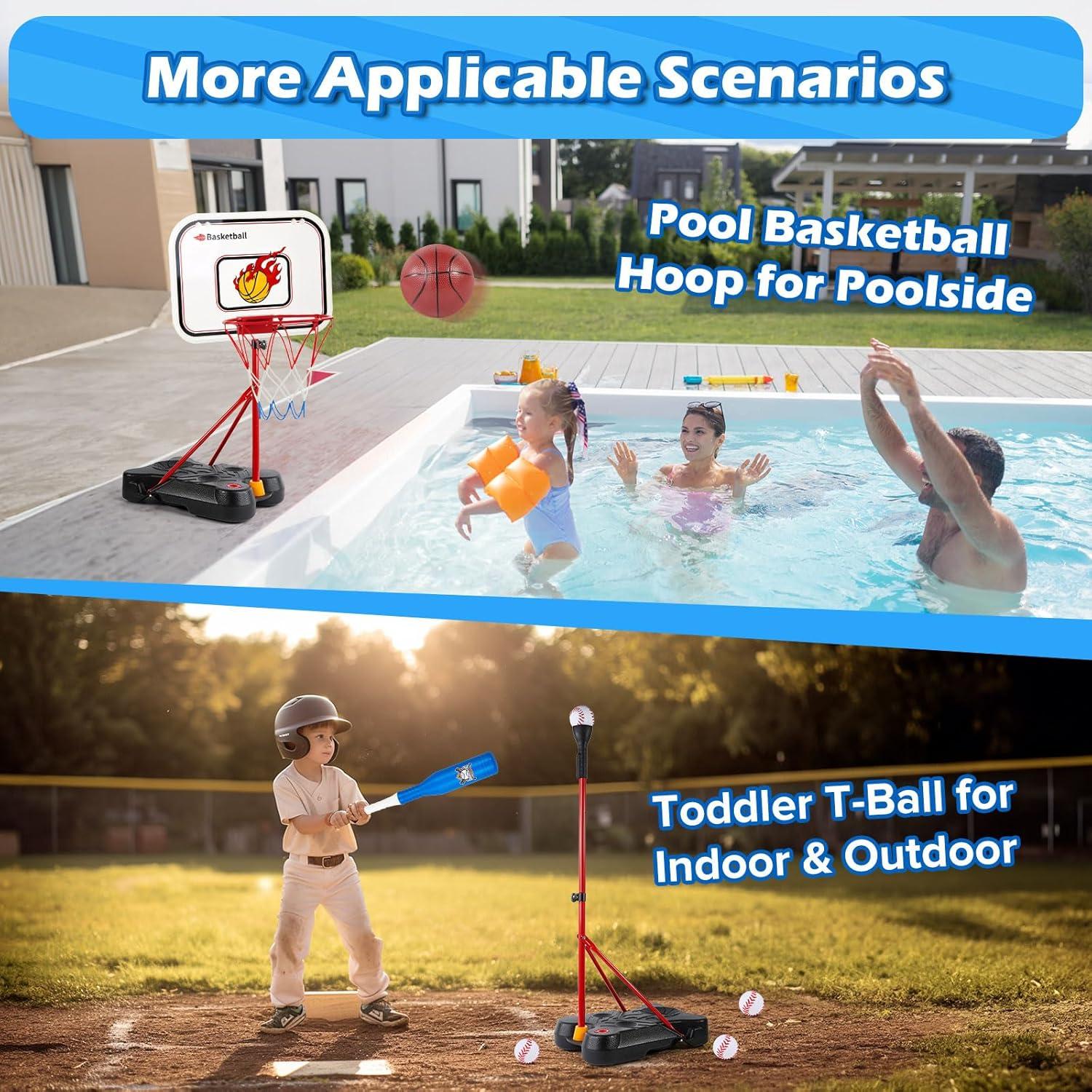 Set 4 en 1 Aro de Baloncesto y T Ball GODELAIF Altura Ajustable