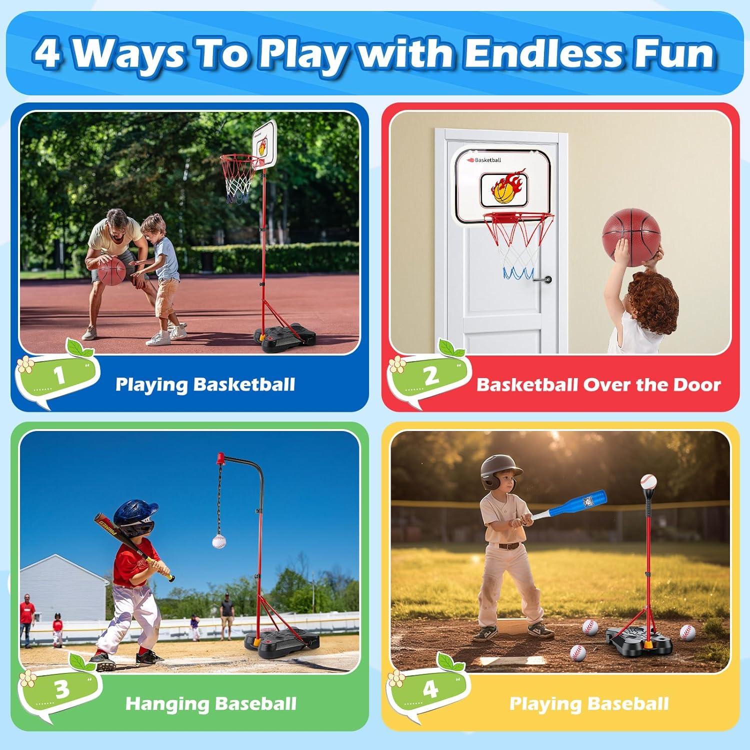 Set 4 en 1 Aro de Baloncesto y T Ball GODELAIF Altura Ajustable