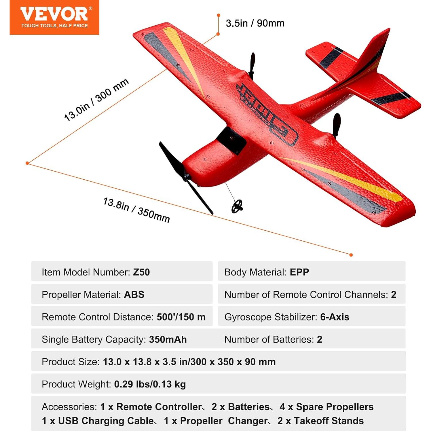 Avión RC VEVOR 2 Canales 2.4GHz con Estabilizador 6 Ejes