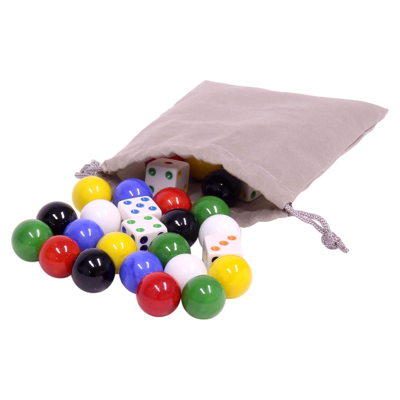 Bolsa de Juego AmishToyBox.com con 24 Canicas 18mm y 6 Dados
