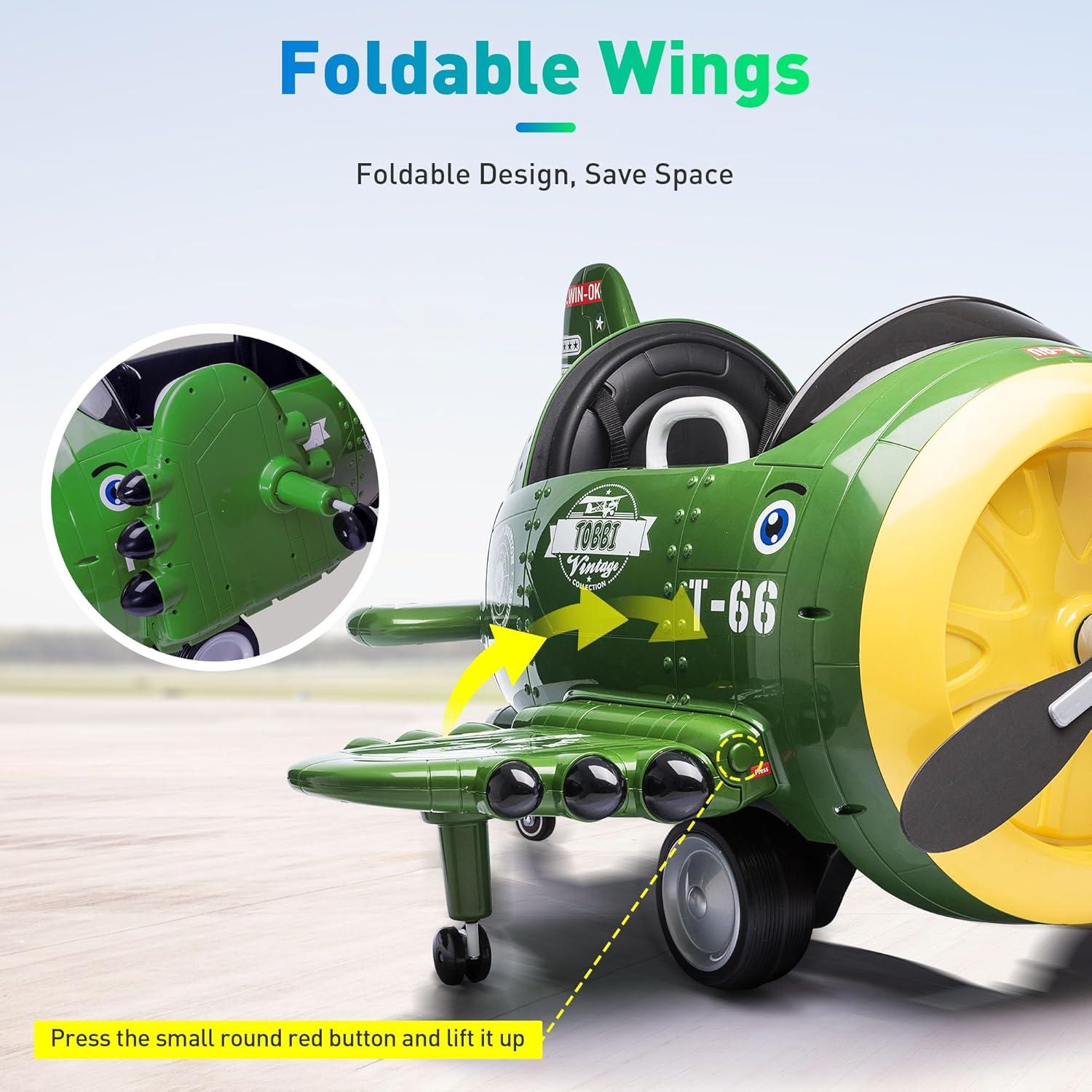 Coche eléctrico para niños TOBBI avión 12V control remoto verde