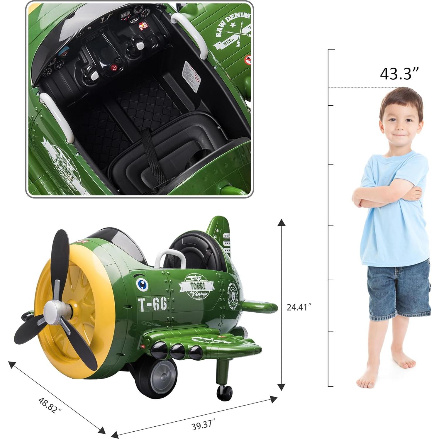 Coche eléctrico para niños TOBBI avión 12V control remoto verde