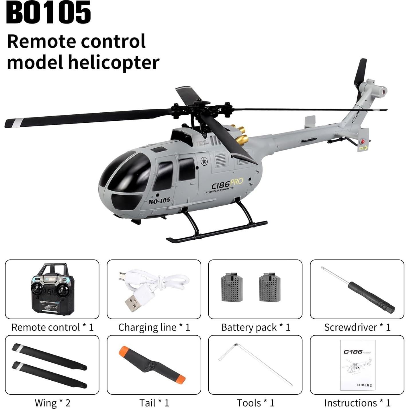 Helicóptero RC BO-105 Control Remoto 6 Ejes 25.6cm Gris