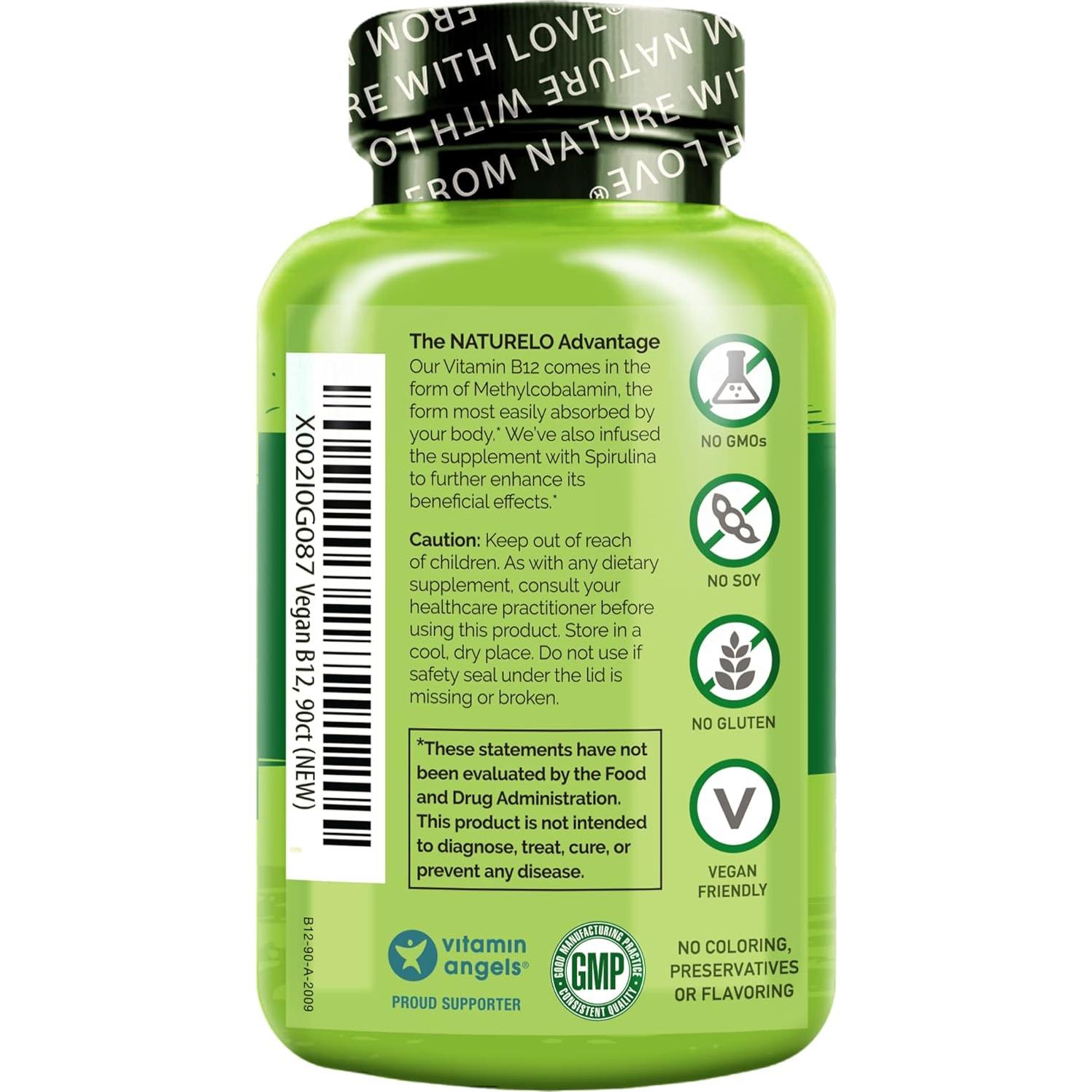 Suplemento Vegano B12 NATURELO 1000 mcg con Espirulina - 90 Cápsulas