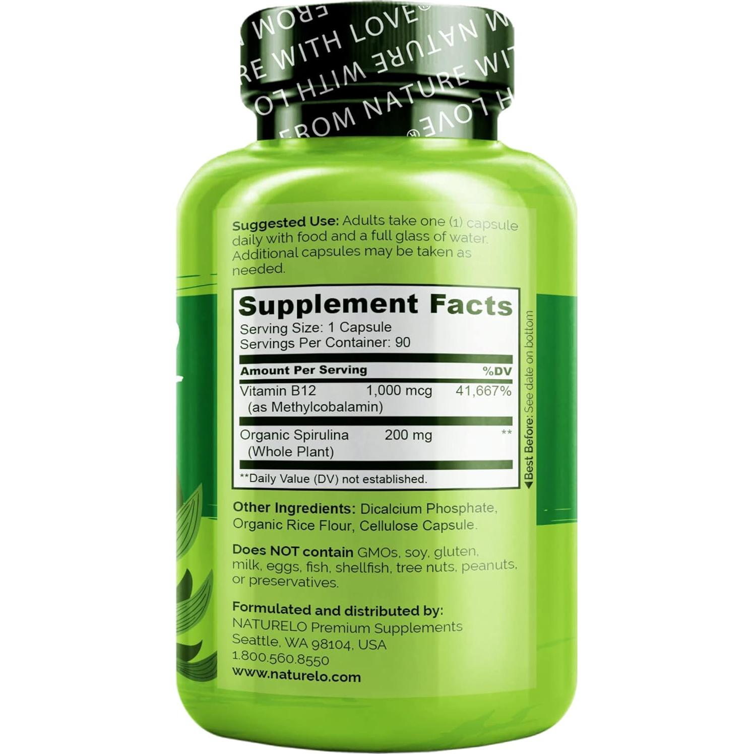 Suplemento Vegano B12 NATURELO 1000 mcg con Espirulina - 90 Cápsulas