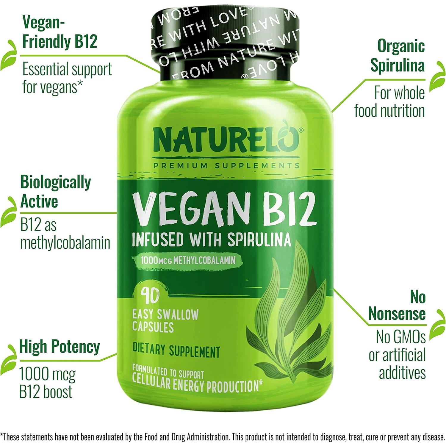 Suplemento Vegano B12 NATURELO 1000 mcg con Espirulina - 90 Cápsulas