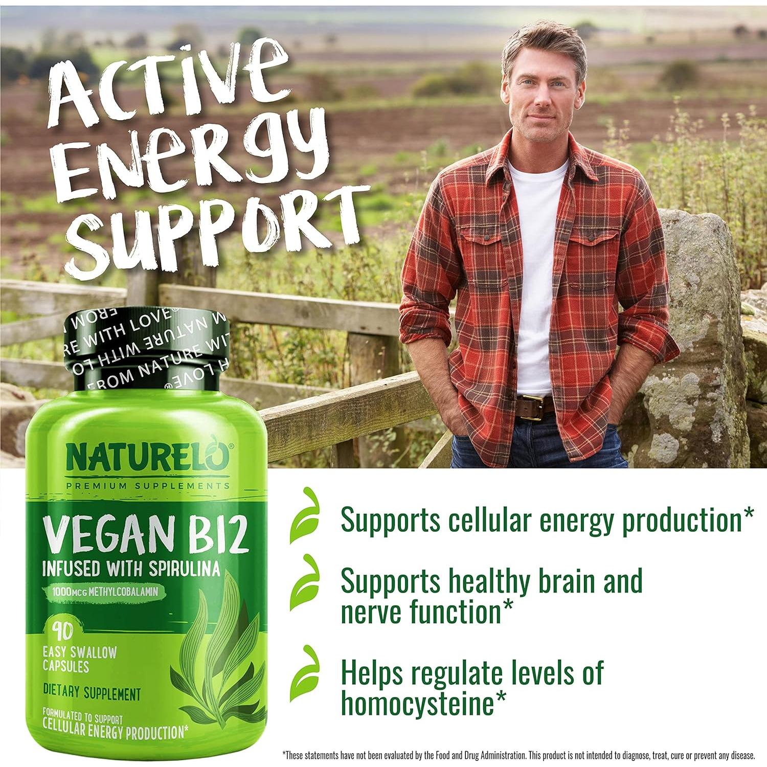 Suplemento Vegano B12 NATURELO 1000 mcg con Espirulina - 90 Cápsulas