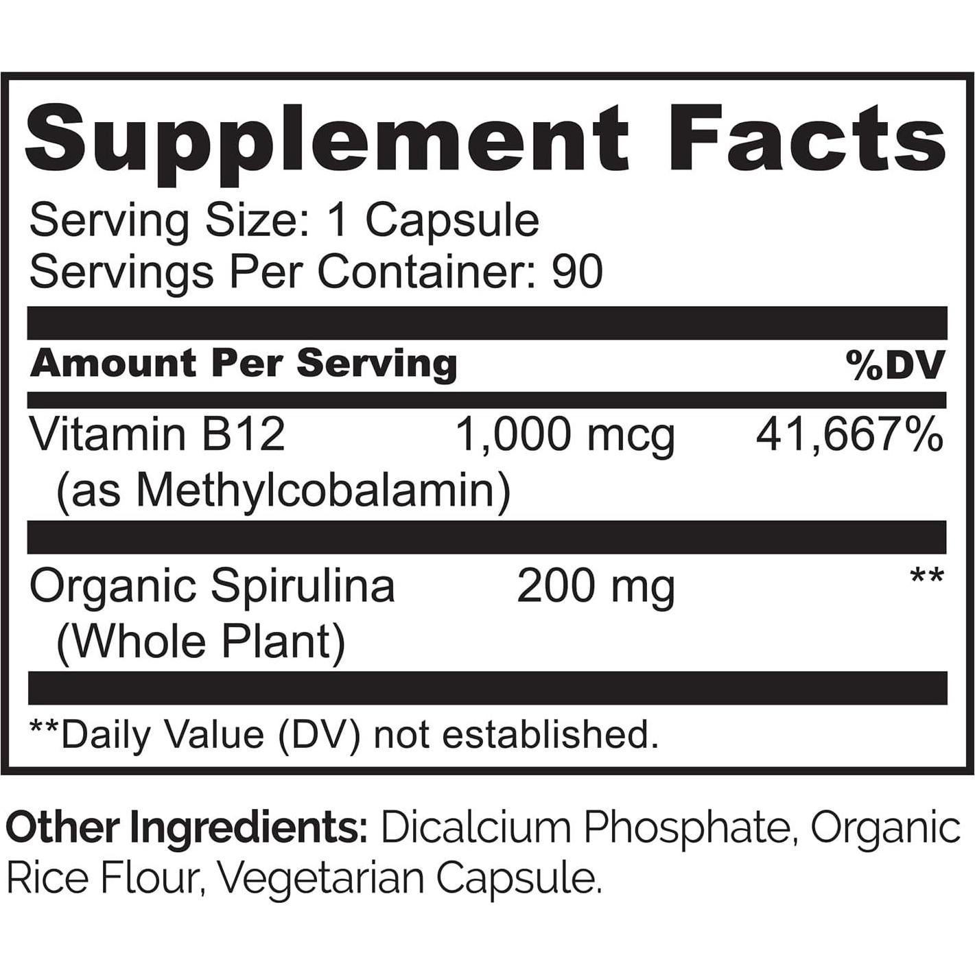 Suplemento Vegano B12 NATURELO 1000 mcg con Espirulina - 90 Cápsulas