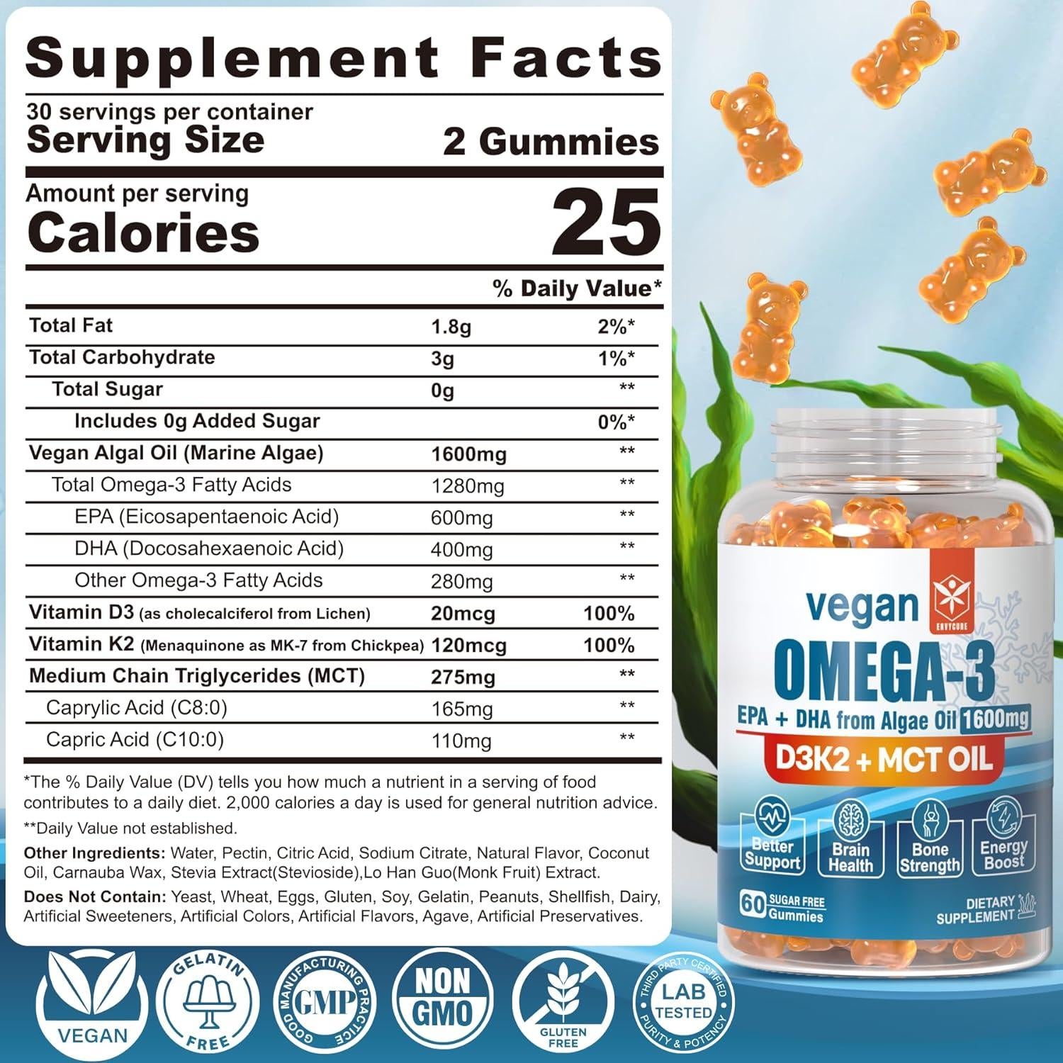 Gomitas Veganas Omega 3 EnvyCure 1280mg EPA 600mg DHA 400mg