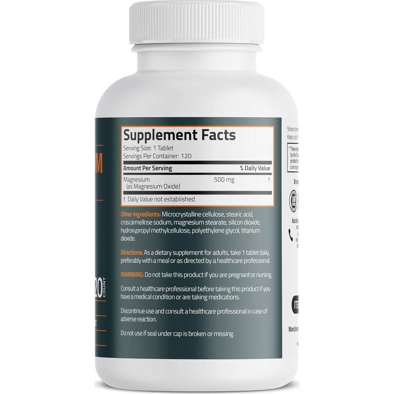 Bronson Magnesio 500 MG - 120 Tabletas Vegetarianas Salud Ósea