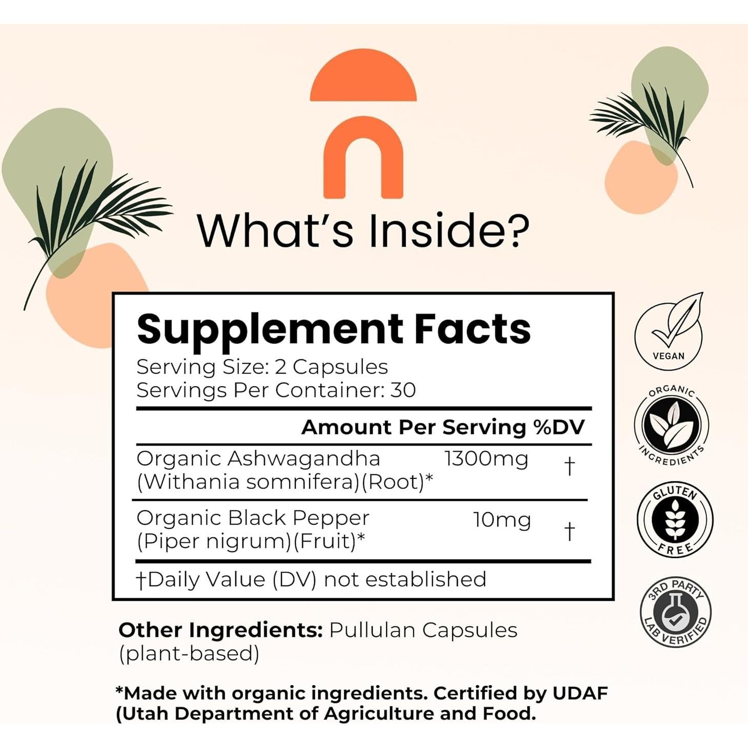 Cápsulas de Ashwagandha Orgánica NutriRise 1300mg 60 Unidades