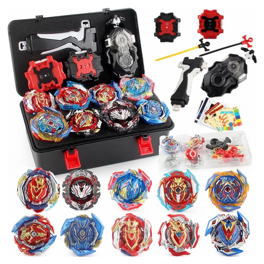 Juego de 10 Tops Bey + Lanzadores + Caja Portátil WTUME