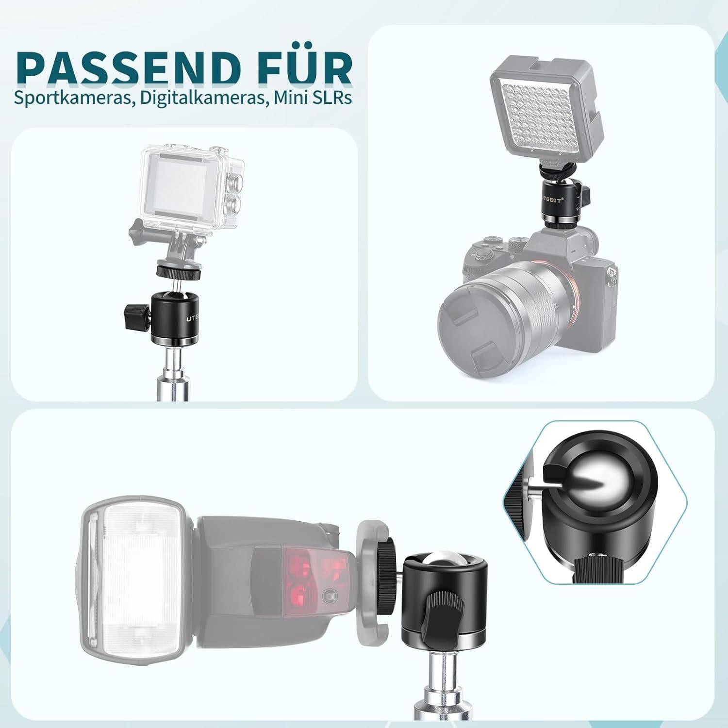 Cabezal de bola mini UTEBIT 20mm con zapata 1/4" para cámara