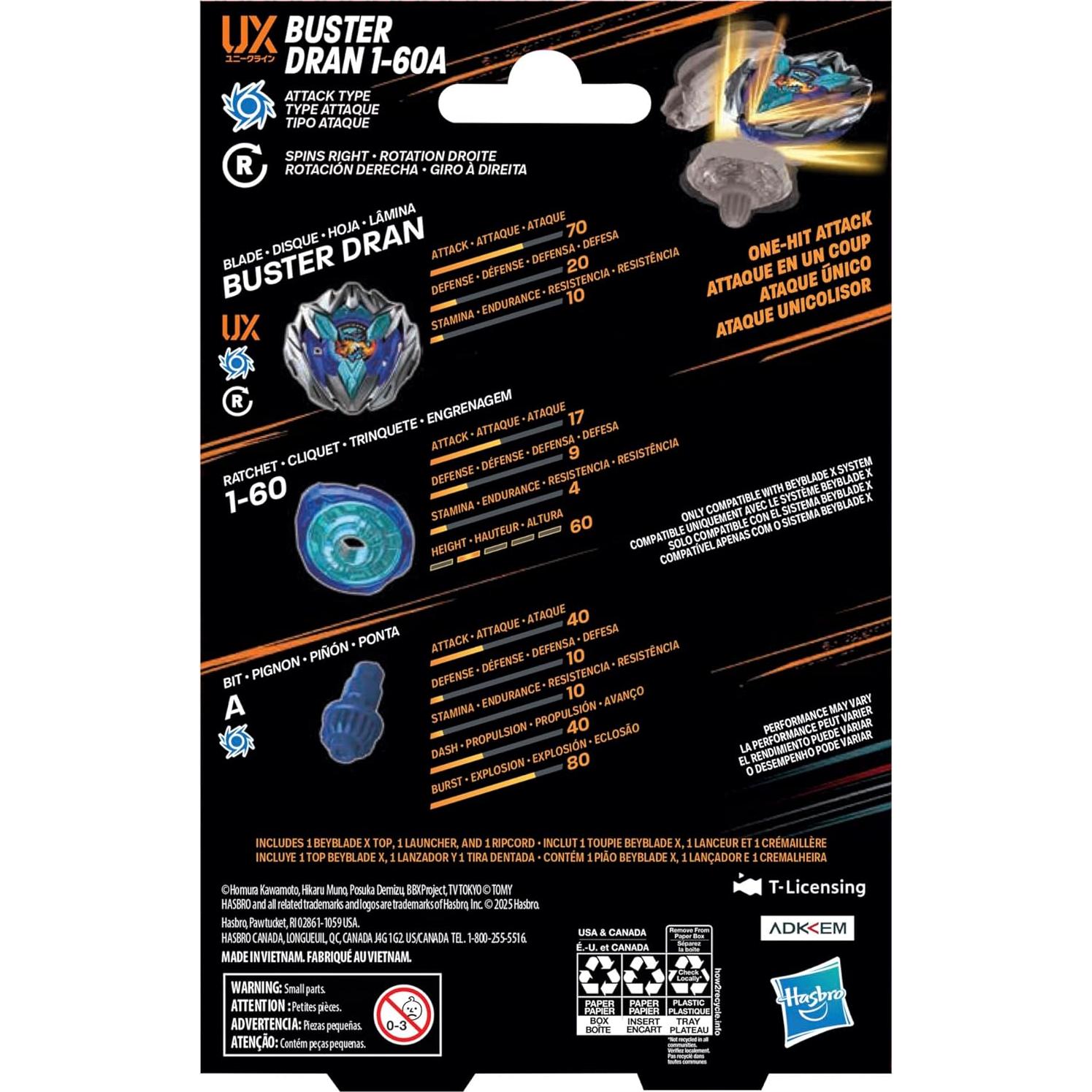 Beyblade X Buster Dran 1-60A UX Tipo Ataque con Lanzador