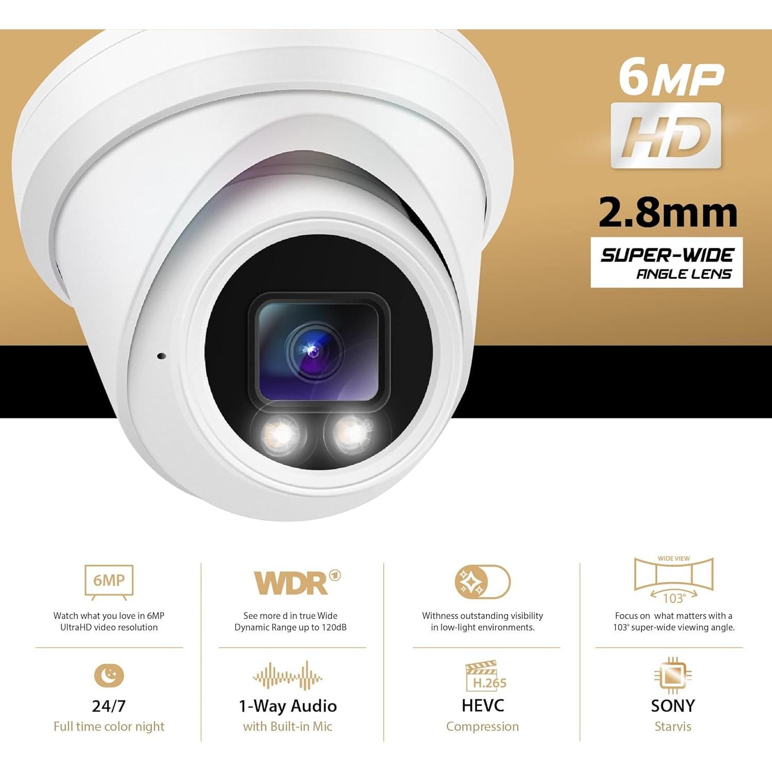 Cámara IP Turret Dome 6MP ColorVu PoE con Micrófono IP67