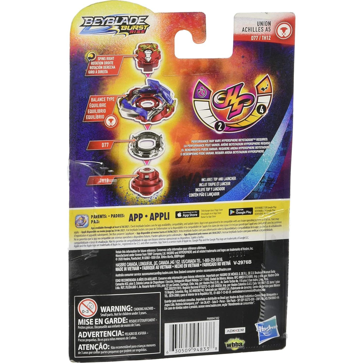 Beyblade Burst Rise Hypersphere Union Achilles A5 Starter Pack - Balance Type Battling Top Toy and Right/Left-Spin Launcher, Ages 8 and Up