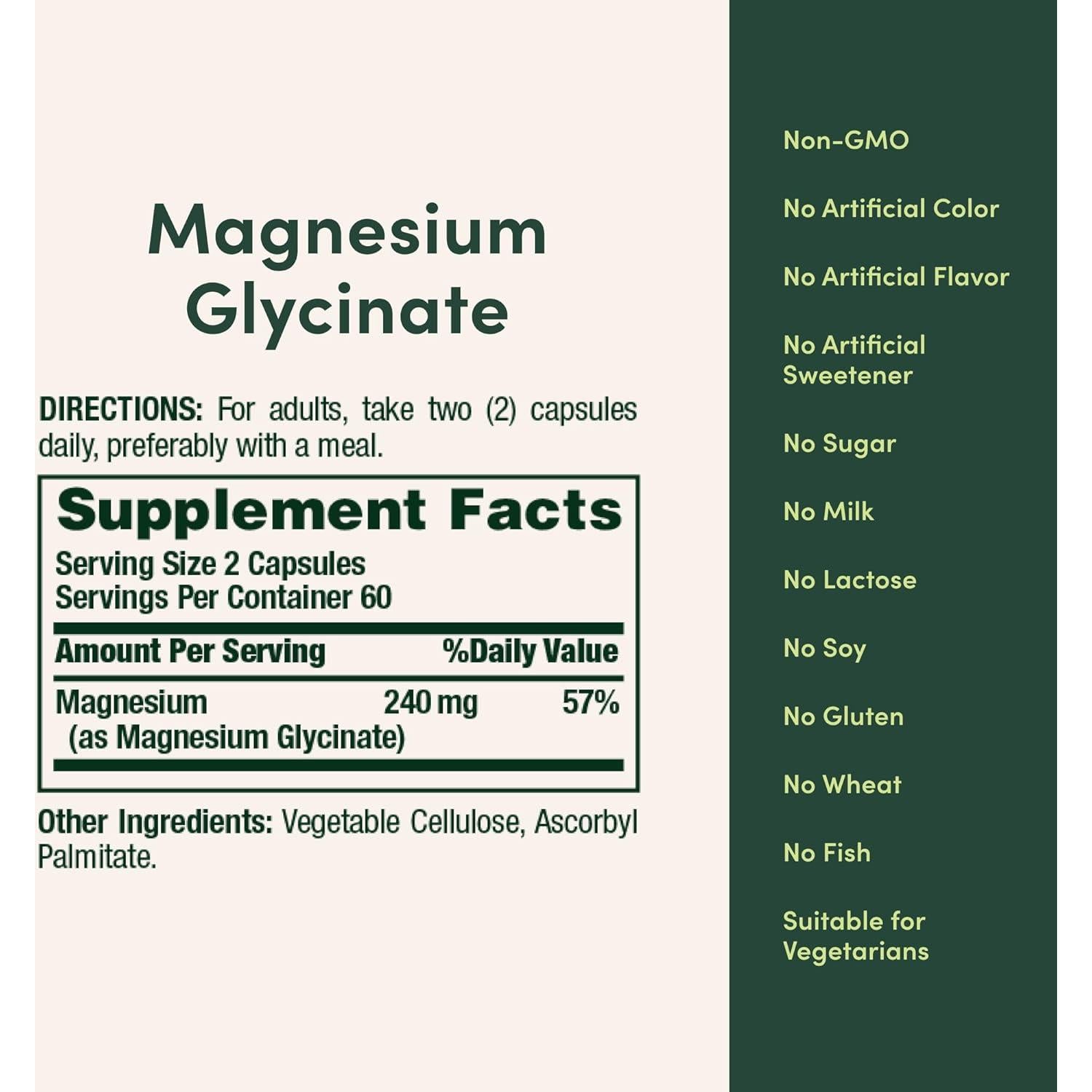 Magnesio Glicinato Nature's Bounty 240 mg 120 Cápsulas Vegetales