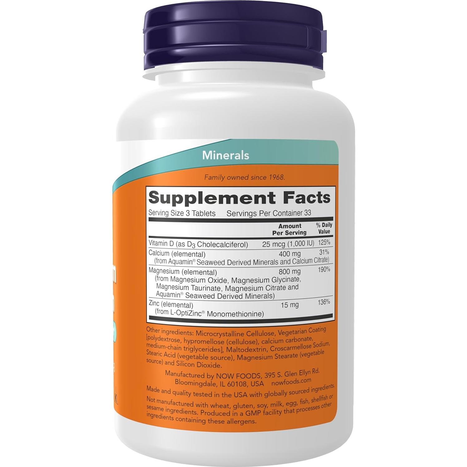 Suplemento de Magnesio y Calcio NOW con Zinc y Vitamina D3 - 100 Tabletas