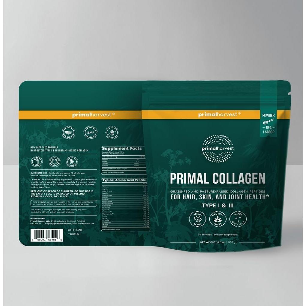 Polvo de colágeno Primal Harvest 142g x 2, tipo I y III, sin sabor