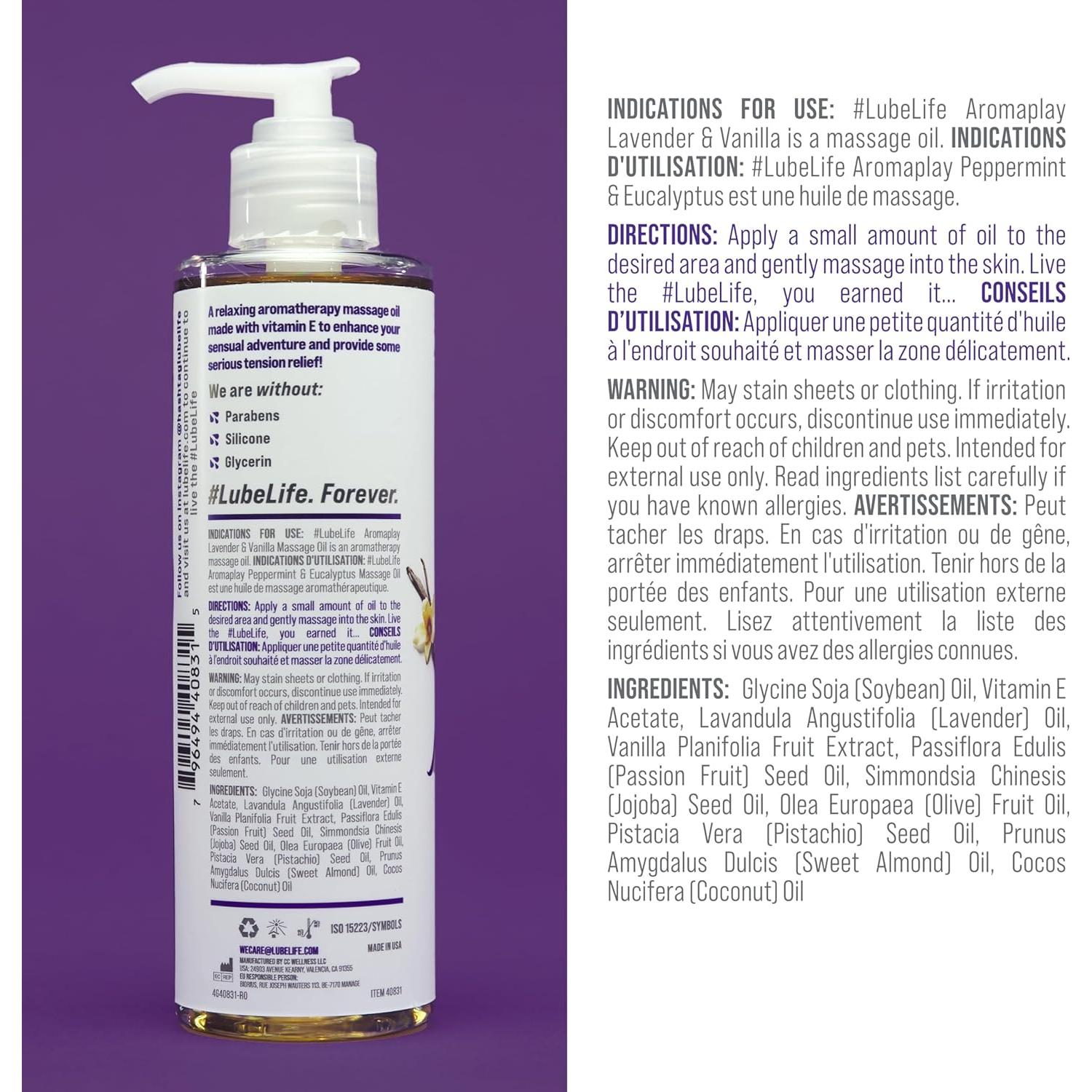 #Lube Life Aceite de Masaje Aromaplay Lavanda y Vainilla 236.6 ml