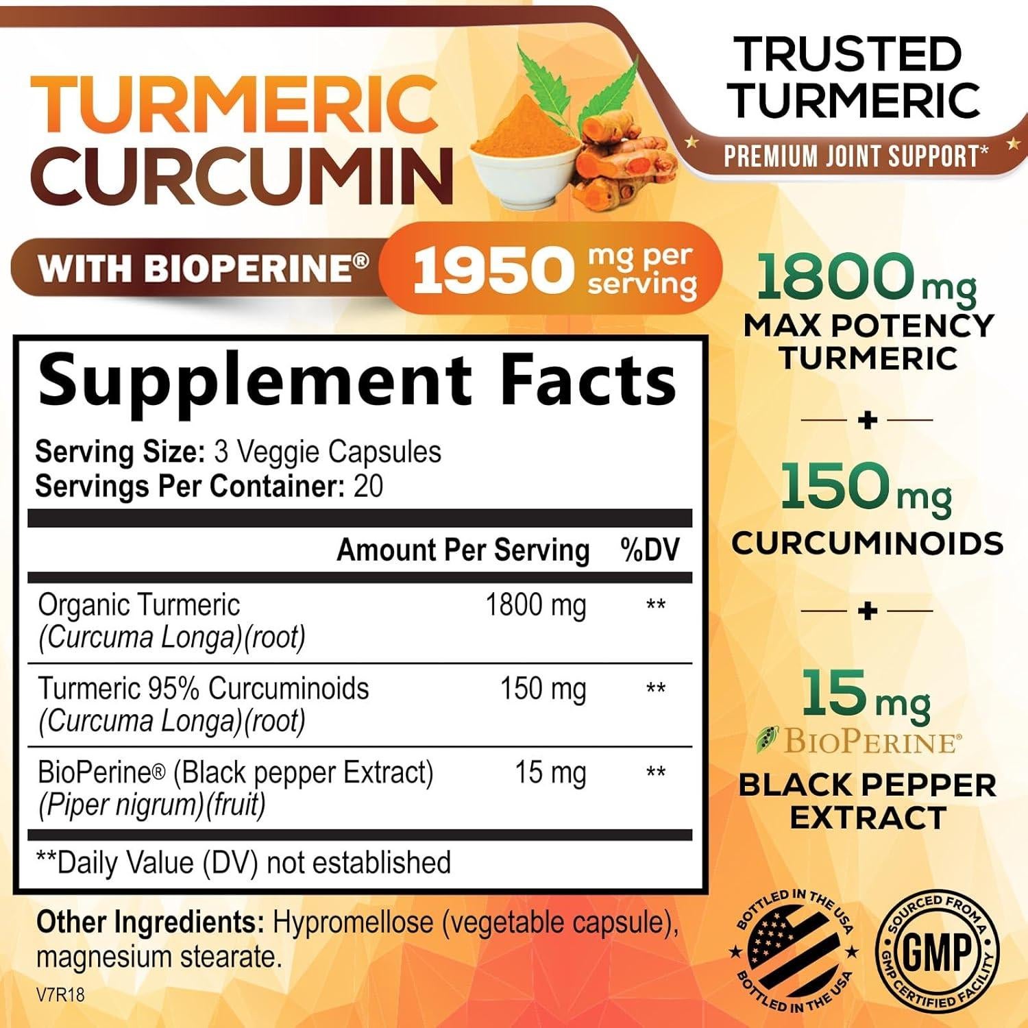 Suplemento de Cúrcuma y Curcumina 1950mg - 60 Cápsulas Veganas