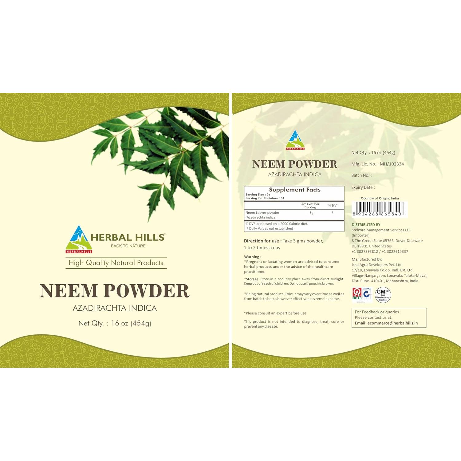Polvo de Neem Herbal Hills 453 g - Azadirachta Indica
