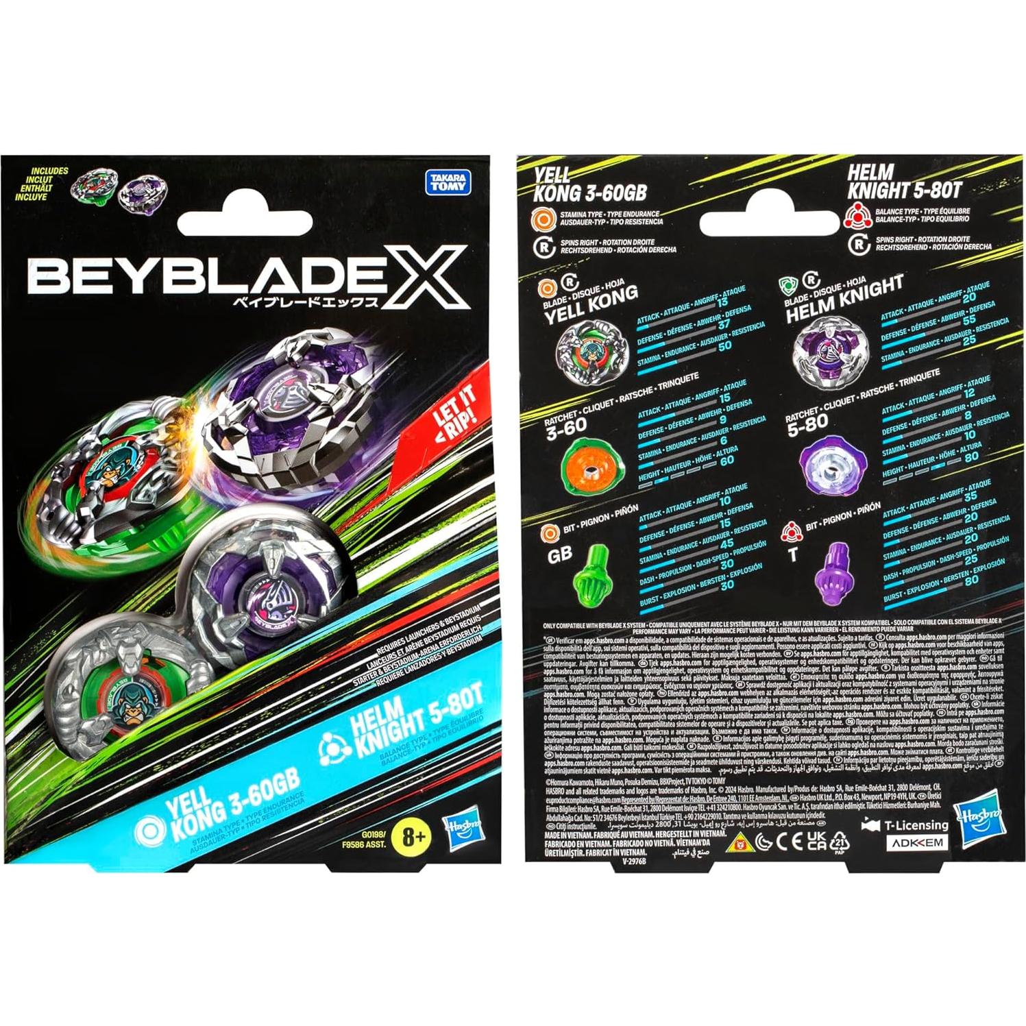 Beyblade X Yell Kong 3-60GB and Helm Knight 5-80T Top Dual Pack Set, Includes 2 Right-Spin Tops, Spinning Bey Toys for 8+ Year Old Kids, Stamina & Balance Types