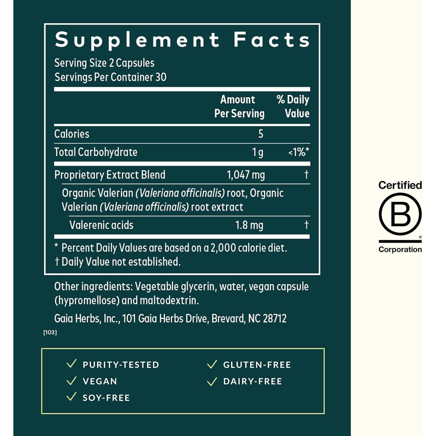 Raíz de Valeriana Gaia Herbs - 60 Cápsulas Veganas para Sueño